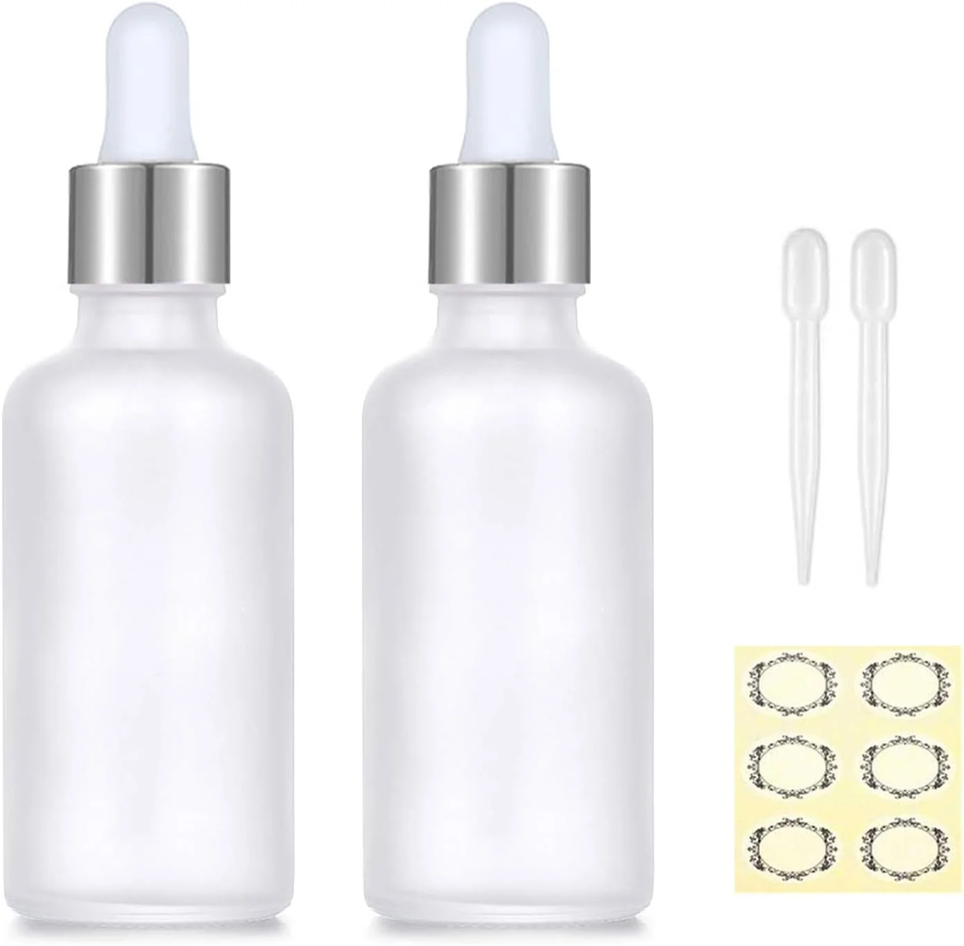 بطری قطره چکان شیشه ای مات شفاف Apstaqeoo 2 عددی 50 میلی لیتری - بطری خالی با پیپت، بطری نمونه قابل پر کردن مجدد، بطری های قطره چکان تنتور با درب نقره ای برای روغن های ضروری، رایحه درمانی، عطر، آزمایشگاه