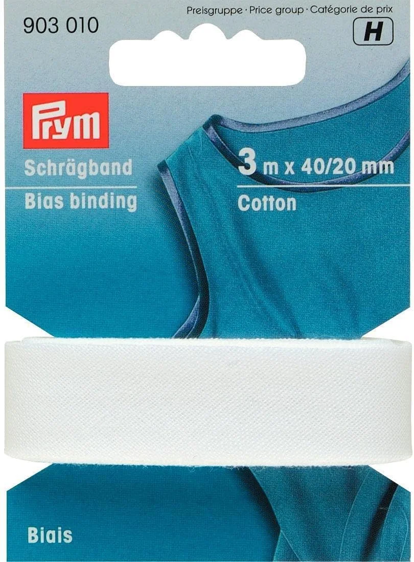 نوار اریب نخی پریم 40/20 میلی متر سفید، 100% پنبه، تاشده