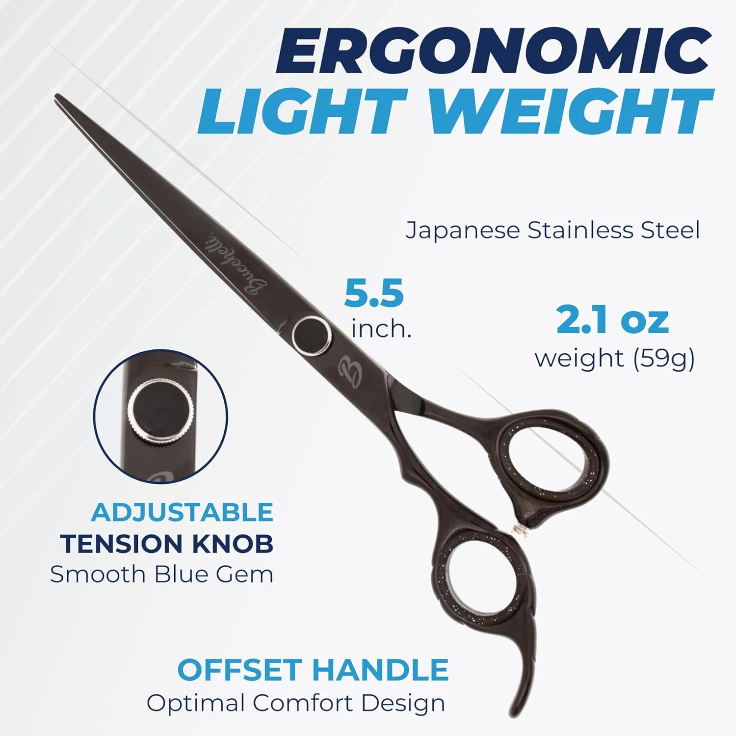 قیچی آرایشگری چپ دست بوچلی 5.5 اینچی حرفه ای - قیچی آرایشگری ژاپنی 440A - لبه میکرو با دستگیره تنظیم کشش (مشکی چپ 5.5 اینچ)