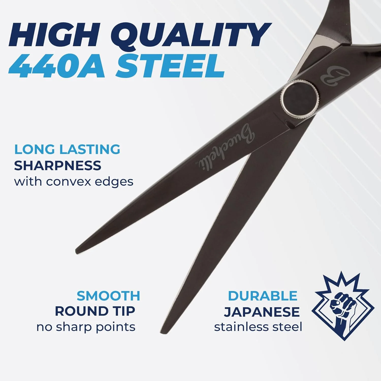 قیچی آرایشگری چپ دست بوچلی 5.5 اینچی حرفه ای - قیچی آرایشگری ژاپنی 440A - لبه میکرو با دستگیره تنظیم کشش (مشکی چپ 5.5 اینچ)