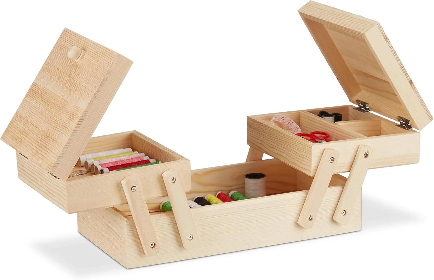 سبد خیاطی چوبی طبیعی Relaxdays، تاشو، بدون محتویات، دارای دسته، ارتفاع*عرض*عمق: 12 x 26 x 15.5 سانتی متر