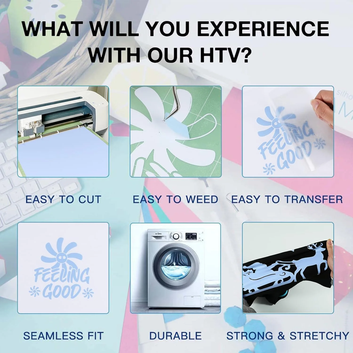 وینیل انتقال حرارت HTVRONT HTV - وینیل آبی 30.5 سانتی متر در 2.4 متر برای تی شرت، وینیل حرارتی سازگار با دستگاه برش Cricut - برش و جدا کردن آسان برای طراحی انتقال حرارت (آبی کم رنگ)