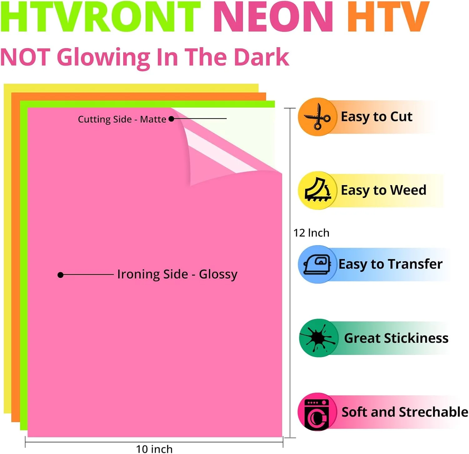 ورق انتقال حرارتی نئون HTVRONT - بسته 12 عددی وینیل انتقال حرارتی با 11 رنگ متنوع و 1 ورق تفلون، سازگار با دستگاه برش Cricut و Silhouette Cameo - 12x10 اینچ