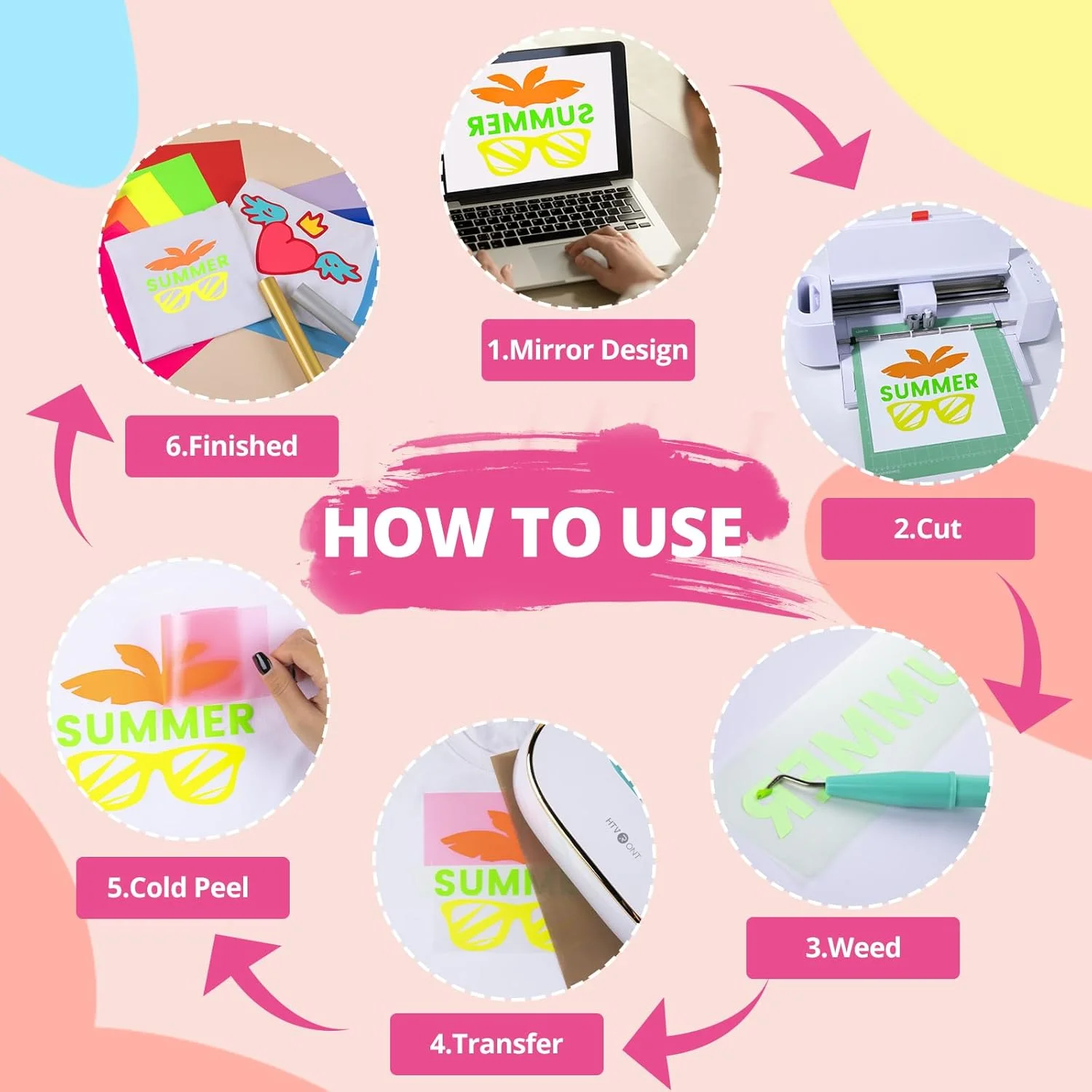 ورق انتقال حرارتی نئون HTVRONT - بسته 12 عددی وینیل انتقال حرارتی با 11 رنگ متنوع و 1 ورق تفلون، سازگار با دستگاه برش Cricut و Silhouette Cameo - 12x10 اینچ