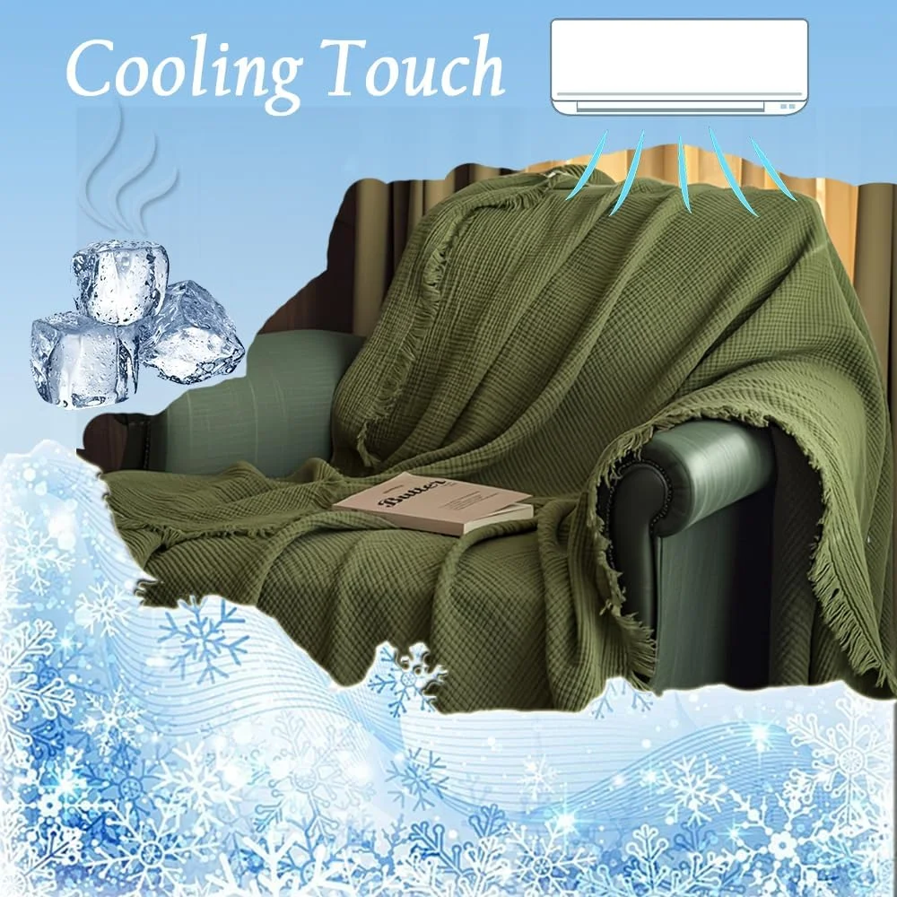 پتو مسافرتی 6 لایه پنبه ای موسلین مناسب تخت، مبل، هواپیما، بافتنی، بافته شده، نرم، سبک، راحت، قابل تنفس، دارای منگوله، مناسب دکوراسیون خانه های روستایی برای تمام فصول (سبز، 152×203 سانتی متر)