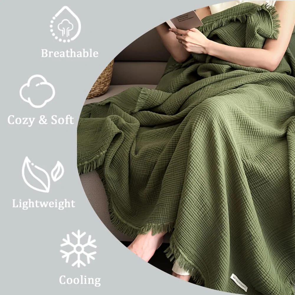 پتو مسافرتی 6 لایه پنبه ای موسلین مناسب تخت، مبل، هواپیما، بافتنی، بافته شده، نرم، سبک، راحت، قابل تنفس، دارای منگوله، مناسب دکوراسیون خانه های روستایی برای تمام فصول (سبز، 152×203 سانتی متر)