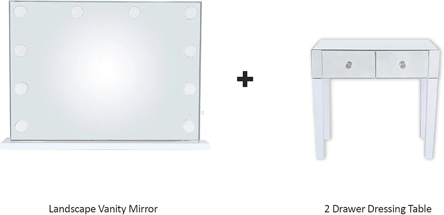 آینه آرایشی هالیوودی سفید Vanity Living با لامپ های LED رشته ای XL کم نور شونده + میز آرایش آینه ای با پایه های چوبی سفید و کشو (10 لامپ + 2 کشو) آینه آرایشی هالیوودی سفید Vanity Living با لامپ های LED رشته ای XL کم نور شونده + میز آرایش آینه ای با پایه های چوبی سفید و کشو (10 لامپ + 2 کشو)