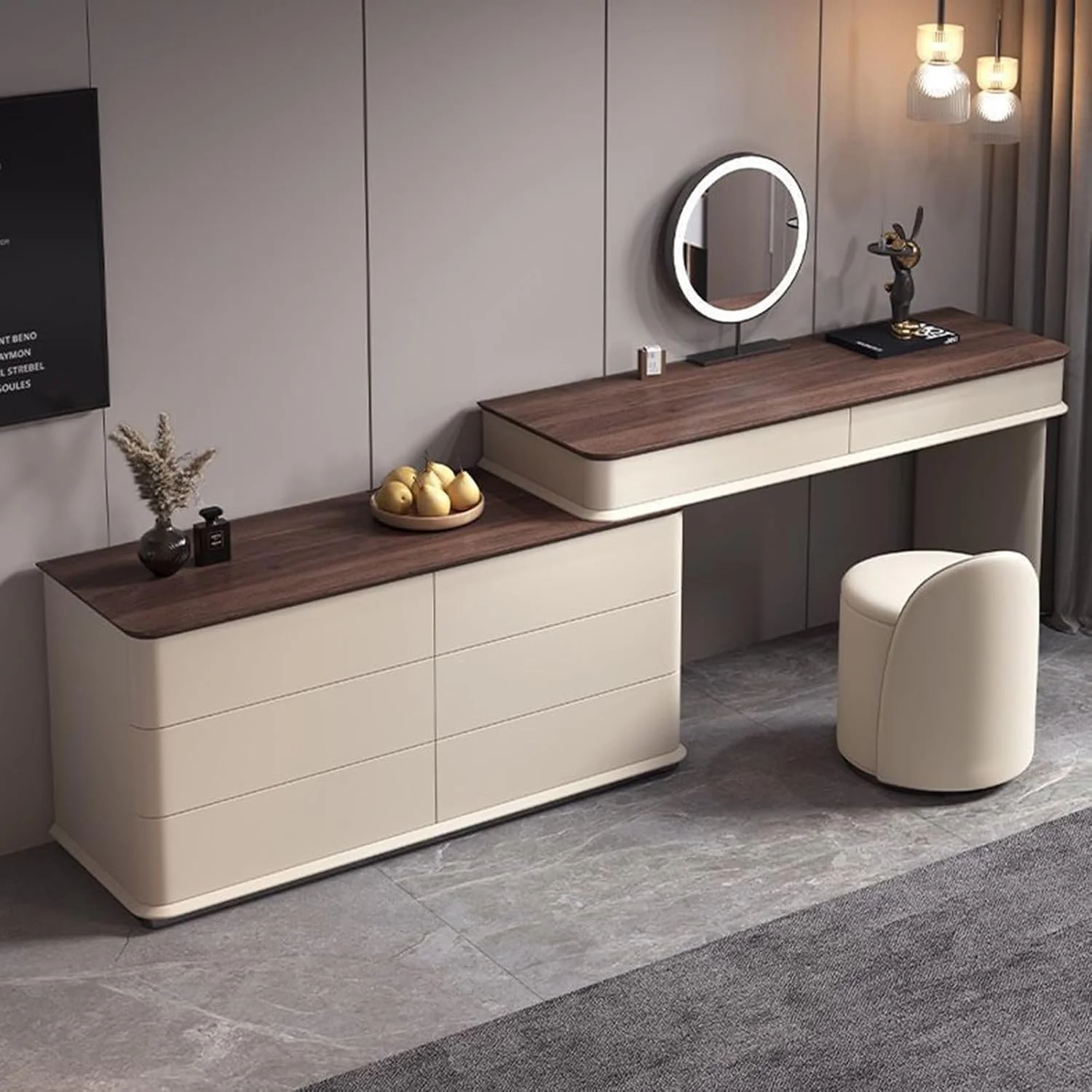 میز آرایش و آینه چراغ دار LED به همراه ست میز کنار تختی، کمد و کشو مناسب اتاق خواب، دفتر کار، اتاق نشیمن و مطالعه (میز آرایش 1.2 متری + کمد 1.2 متری 6 کشو + صندلی + آینه چراغ دار LED) میز آرایش و آینه چراغ دار LED به همراه ست میز کنار تختی، کمد و کشو مناسب اتاق خواب، دفتر کار، اتاق نشیمن و مطالعه (میز آرایش 1.2 متری + کمد 1.2 متری 6 کشو + صندلی + آینه چراغ دار LED)