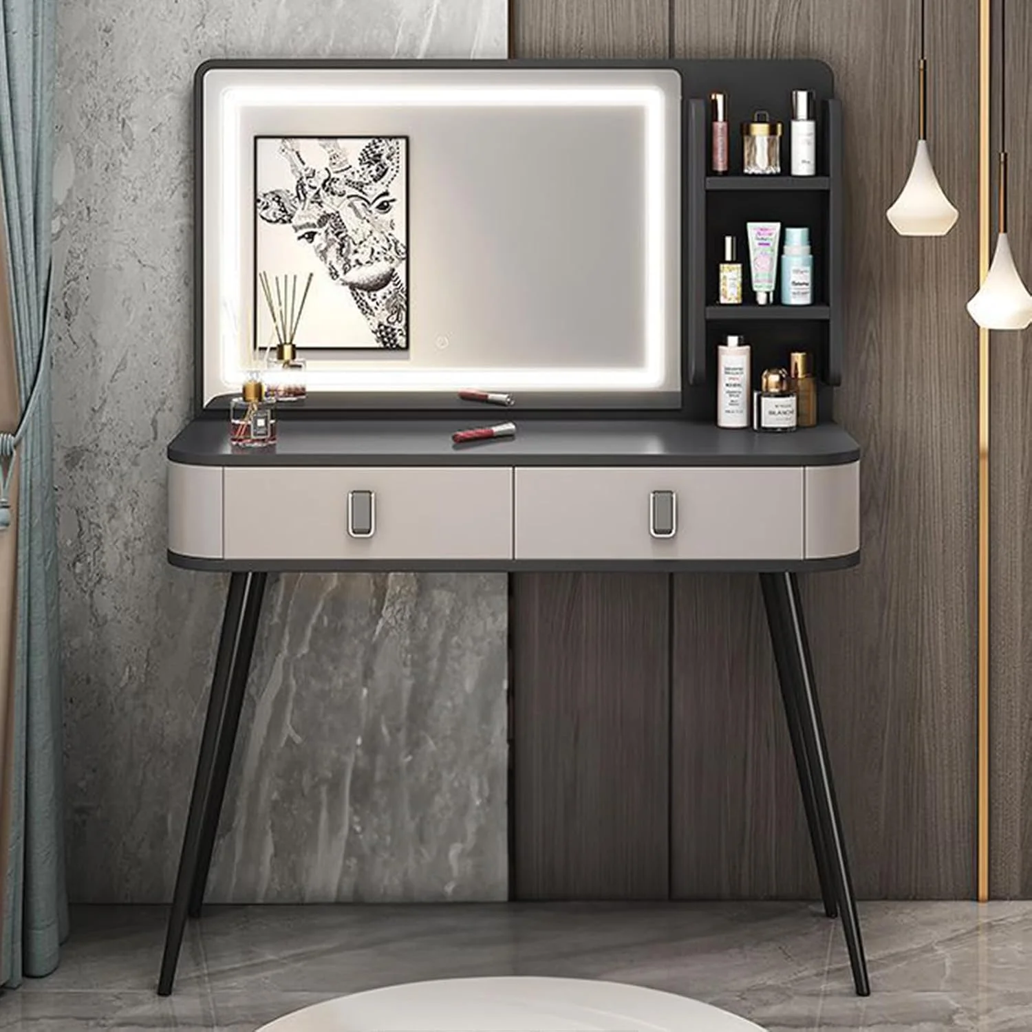 میز آرایش TTQKBIM، میز آرایش، میز توالت، آینه آرایش با نور LED، میز کنار تختی، میز تحریر، کابینت ذخیره سازی، همه در یک 100x40 سانتی متر (خاکستری) میز آرایش TTQKBIM، میز آرایش، میز توالت، آینه آرایش با نور LED، میز کنار تختی، میز تحریر، کابینت ذخیره سازی، همه در یک 100x40 سانتی متر (خاکستری)