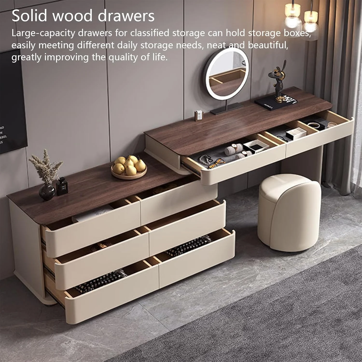 میز آرایش و آینه چراغ دار LED به همراه ست میز کنار تختی، کمد و کشو مناسب اتاق خواب، دفتر کار، اتاق نشیمن و مطالعه (میز آرایش 1.2 متری + کمد 1.2 متری 6 کشو + صندلی + آینه چراغ دار LED) میز آرایش و آینه چراغ دار LED به همراه ست میز کنار تختی، کمد و کشو مناسب اتاق خواب، دفتر کار، اتاق نشیمن و مطالعه (میز آرایش 1.2 متری + کمد 1.2 متری 6 کشو + صندلی + آینه چراغ دار LED)