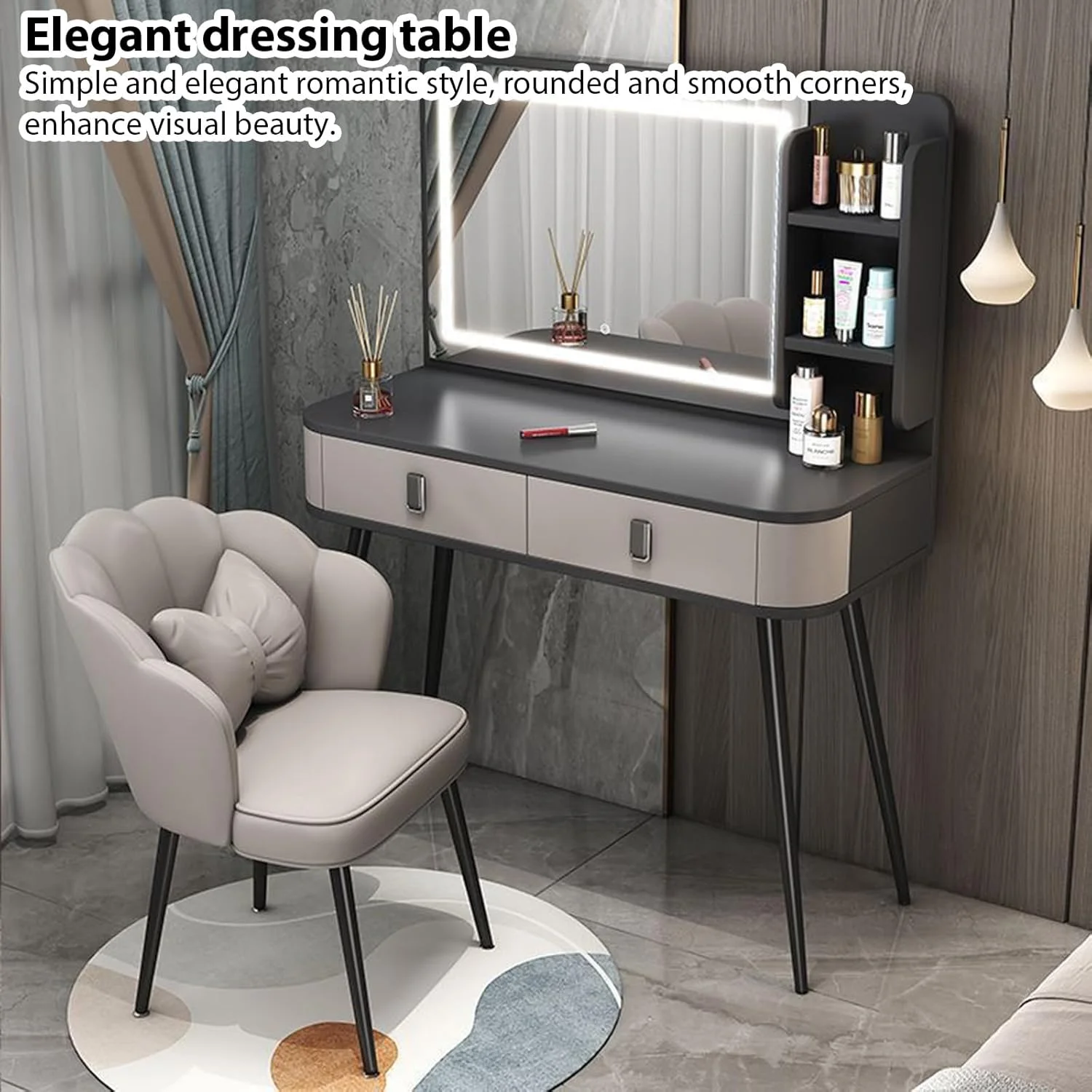 میز آرایش TTQKBIM، میز آرایش، میز توالت، آینه آرایش با نور LED، میز کنار تختی، میز تحریر، کابینت ذخیره سازی، همه در یک 100x40 سانتی متر (خاکستری)