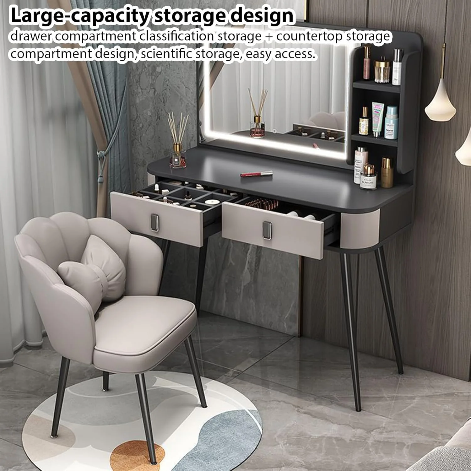 میز آرایش TTQKBIM، میز آرایش، میز توالت، آینه آرایش با نور LED، میز کنار تختی، میز تحریر، کابینت ذخیره سازی، همه در یک 100x40 سانتی متر (خاکستری)