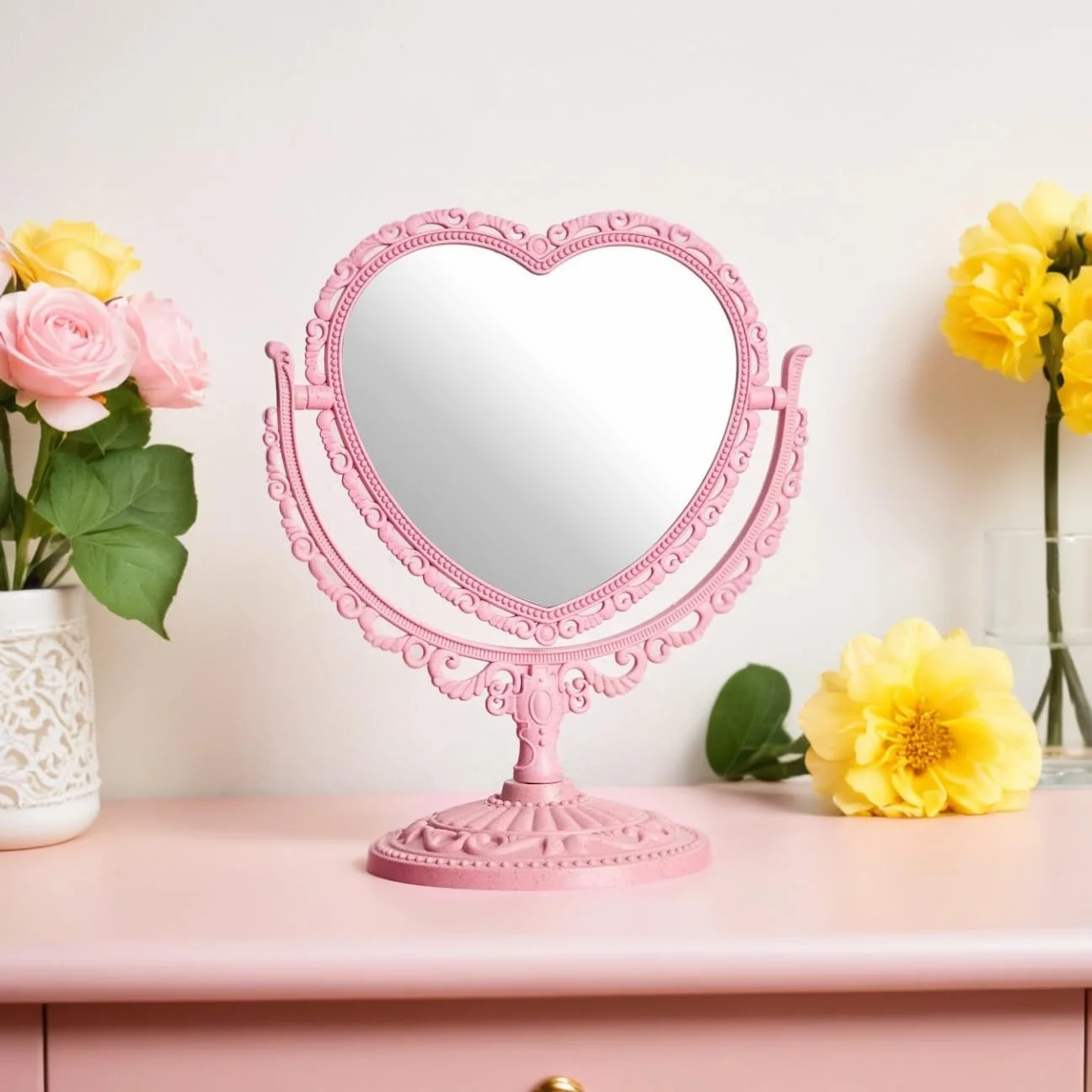 آینه آرایشی رومیزی قلبی صورتی Sweet seven - دو طرفه، دکوراسیون وینتیج برای میز و زیبایی پاستیلی