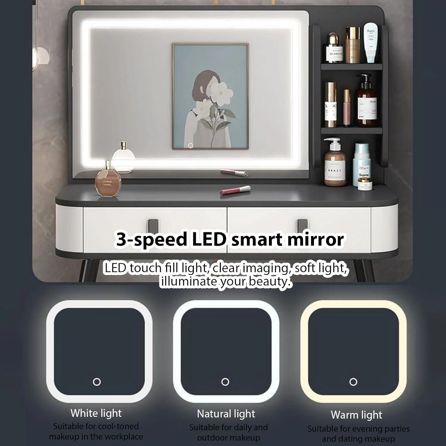 میز آرایش TTQKBIM، میز آرایش، میز توالت، آینه آرایش با نور LED، میز کنار تختی، میز تحریر، کابینت ذخیره سازی، همه در یک 100x40 سانتی متر (خاکستری)