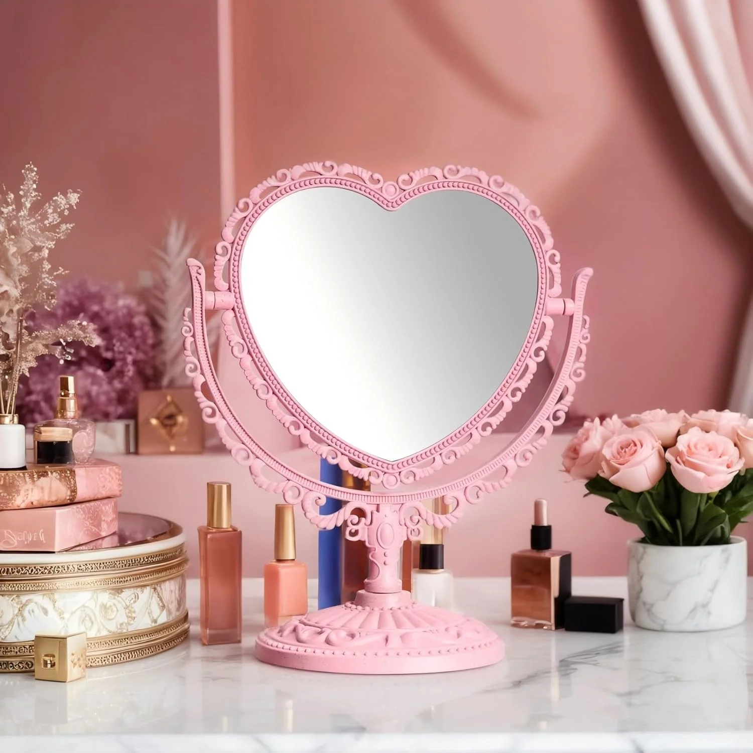آینه آرایشی رومیزی قلبی صورتی Sweet seven - دو طرفه، دکوراسیون وینتیج برای میز و زیبایی پاستیلی