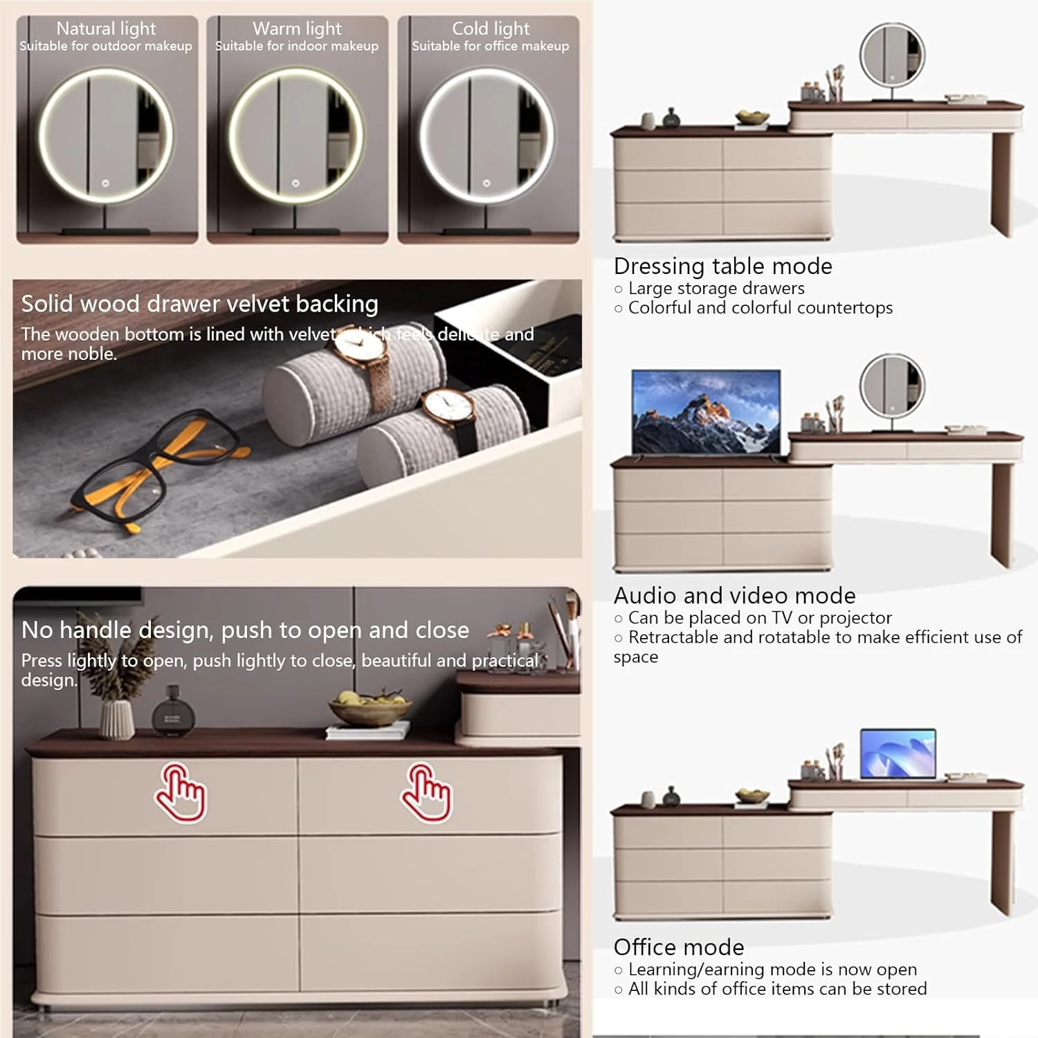 میز آرایش و آینه چراغ دار LED به همراه ست میز کنار تختی، کمد و کشو مناسب اتاق خواب، دفتر کار، اتاق نشیمن و مطالعه (میز آرایش 1.2 متری + کمد 1.2 متری 6 کشو + صندلی + آینه چراغ دار LED) میز آرایش و آینه چراغ دار LED به همراه ست میز کنار تختی، کمد و کشو مناسب اتاق خواب، دفتر کار، اتاق نشیمن و مطالعه (میز آرایش 1.2 متری + کمد 1.2 متری 6 کشو + صندلی + آینه چراغ دار LED)