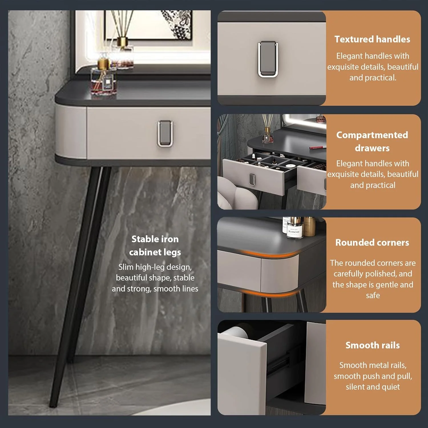 میز آرایش TTQKBIM، میز آرایش، میز توالت، آینه آرایش با نور LED، میز کنار تختی، میز تحریر، کابینت ذخیره سازی، همه در یک 100x40 سانتی متر (خاکستری)