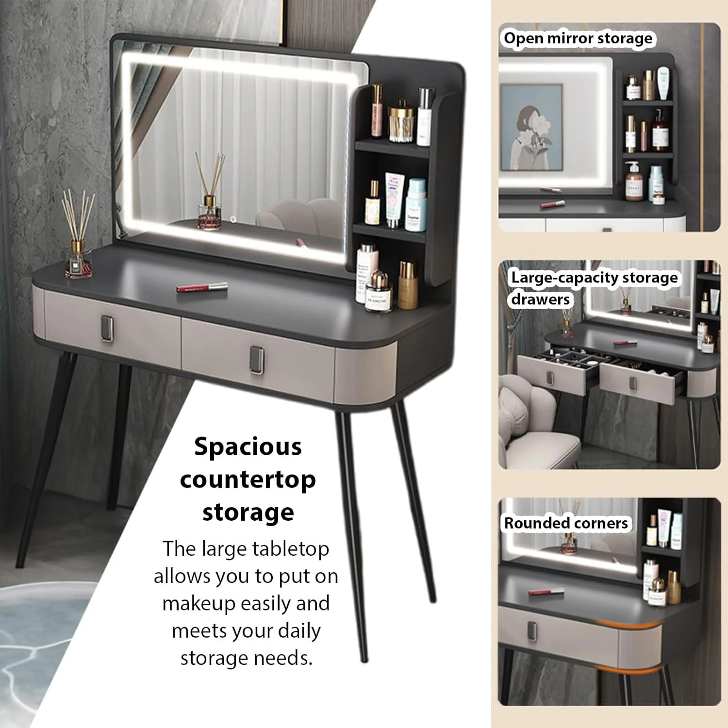 میز آرایش TTQKBIM، میز آرایش، میز توالت، آینه آرایش با نور LED، میز کنار تختی، میز تحریر، کابینت ذخیره سازی، همه در یک 100x40 سانتی متر (خاکستری)