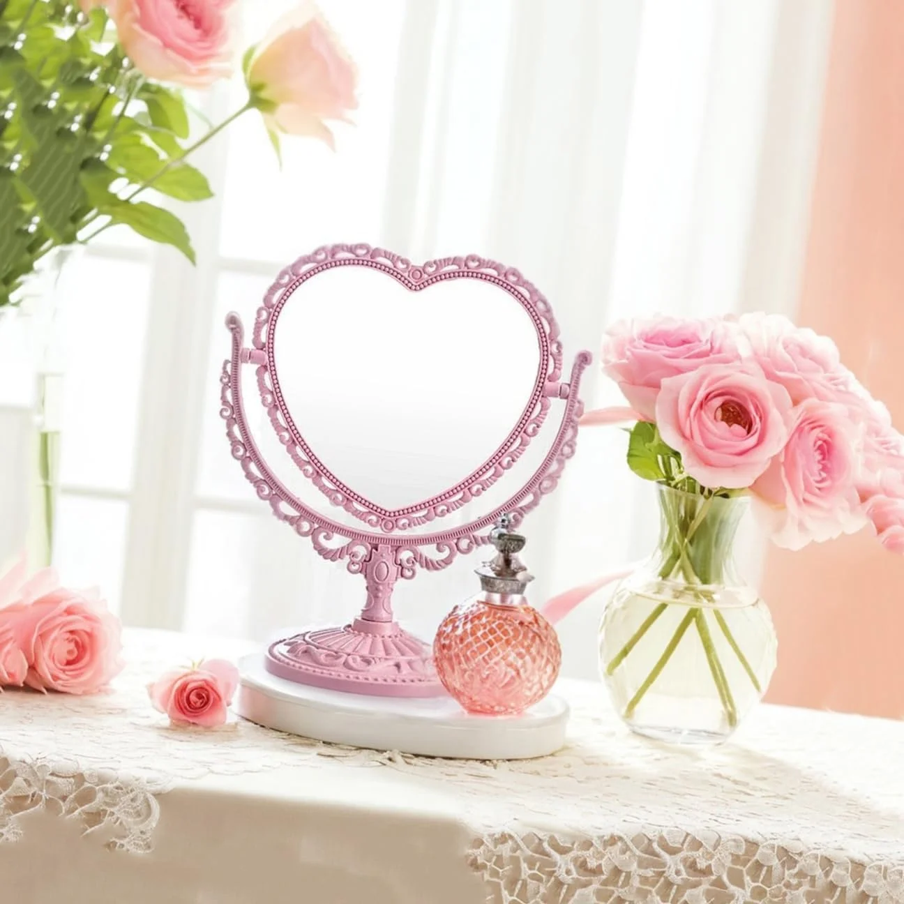 آینه آرایشی رومیزی قلبی صورتی Sweet seven - دو طرفه، دکوراسیون وینتیج برای میز و زیبایی پاستیلی