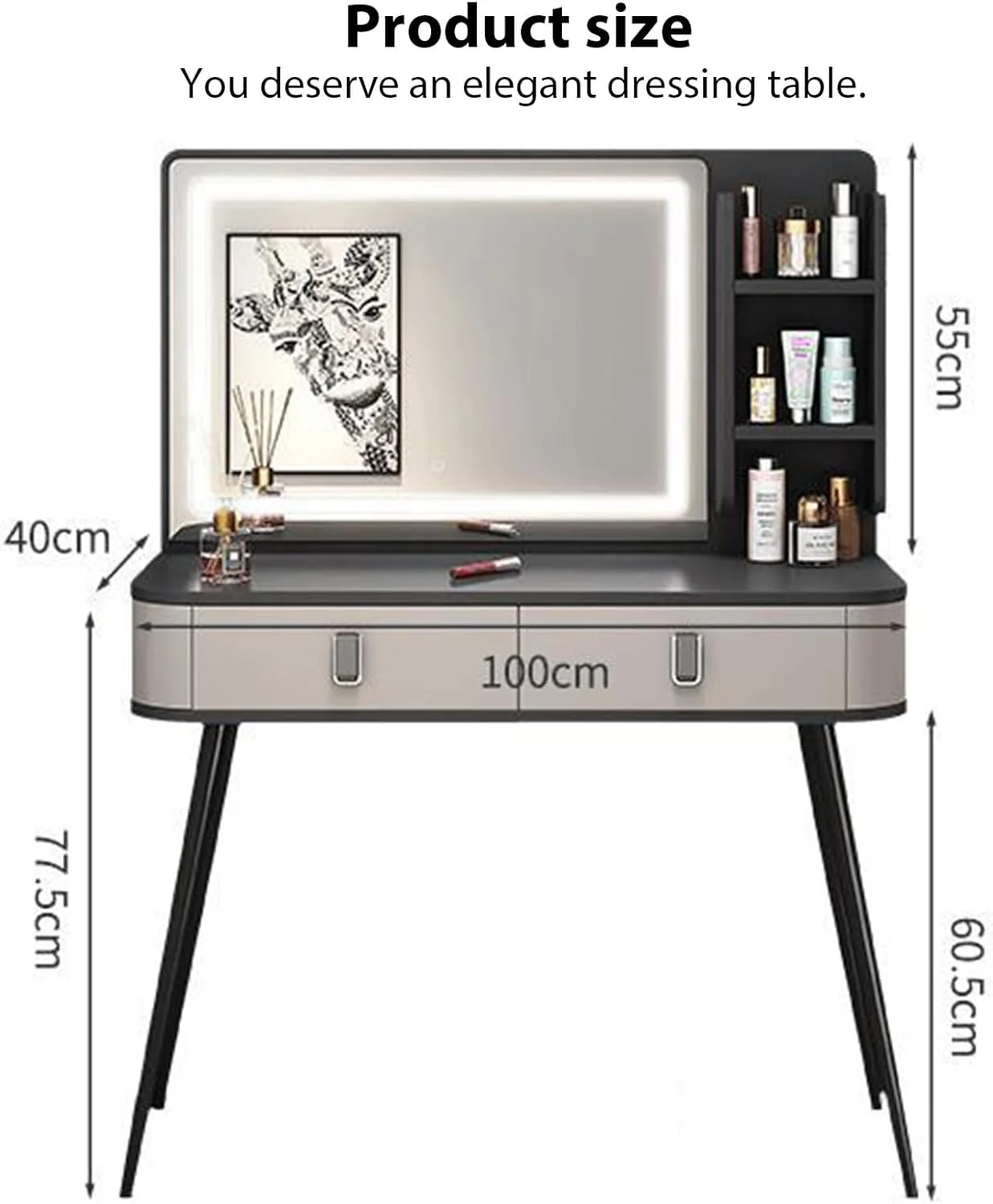میز آرایش TTQKBIM، میز آرایش، میز توالت، آینه آرایش با نور LED، میز کنار تختی، میز تحریر، کابینت ذخیره سازی، همه در یک 100x40 سانتی متر (خاکستری)