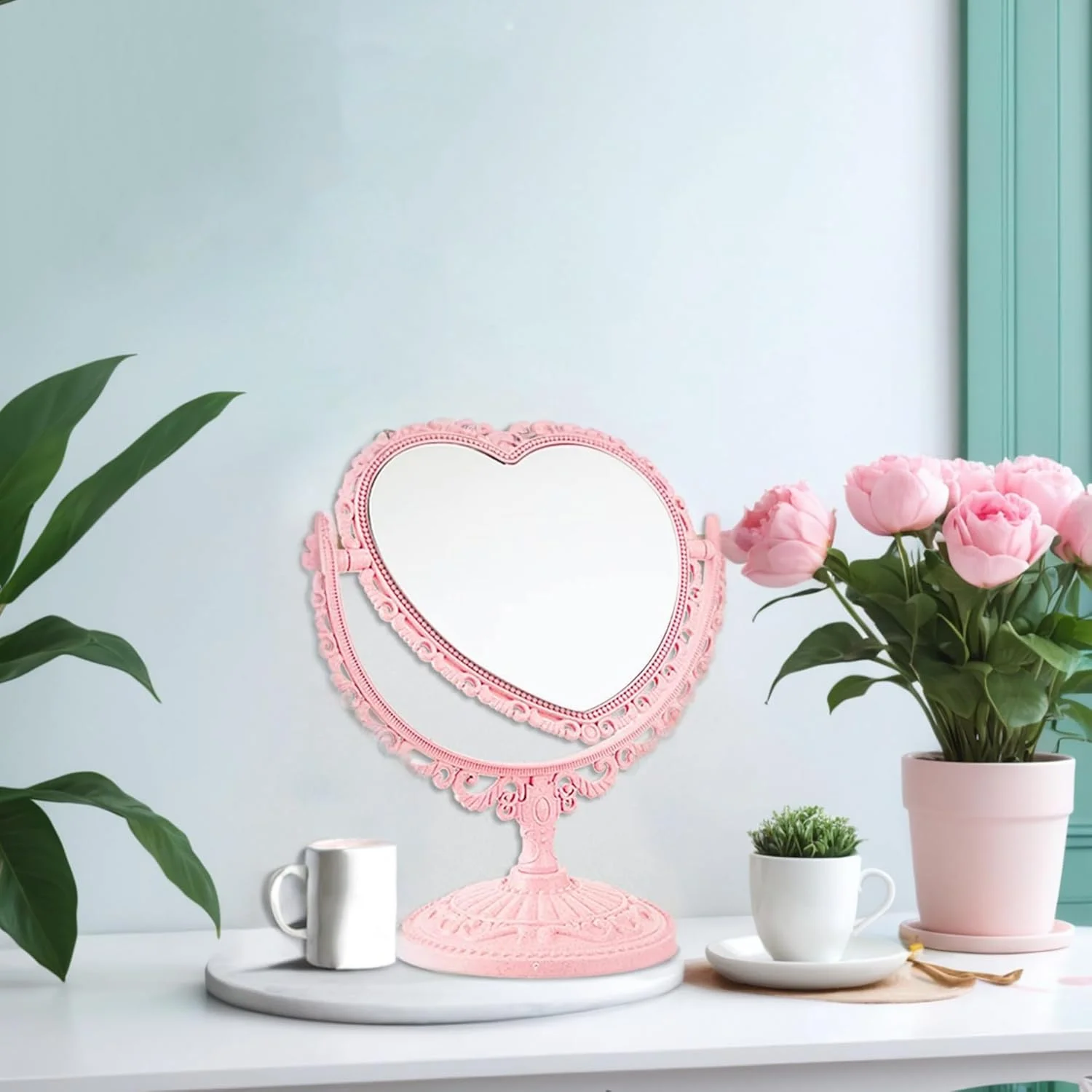 آینه آرایشی رومیزی قلبی صورتی Sweet seven - دو طرفه، دکوراسیون وینتیج برای میز و زیبایی پاستیلی