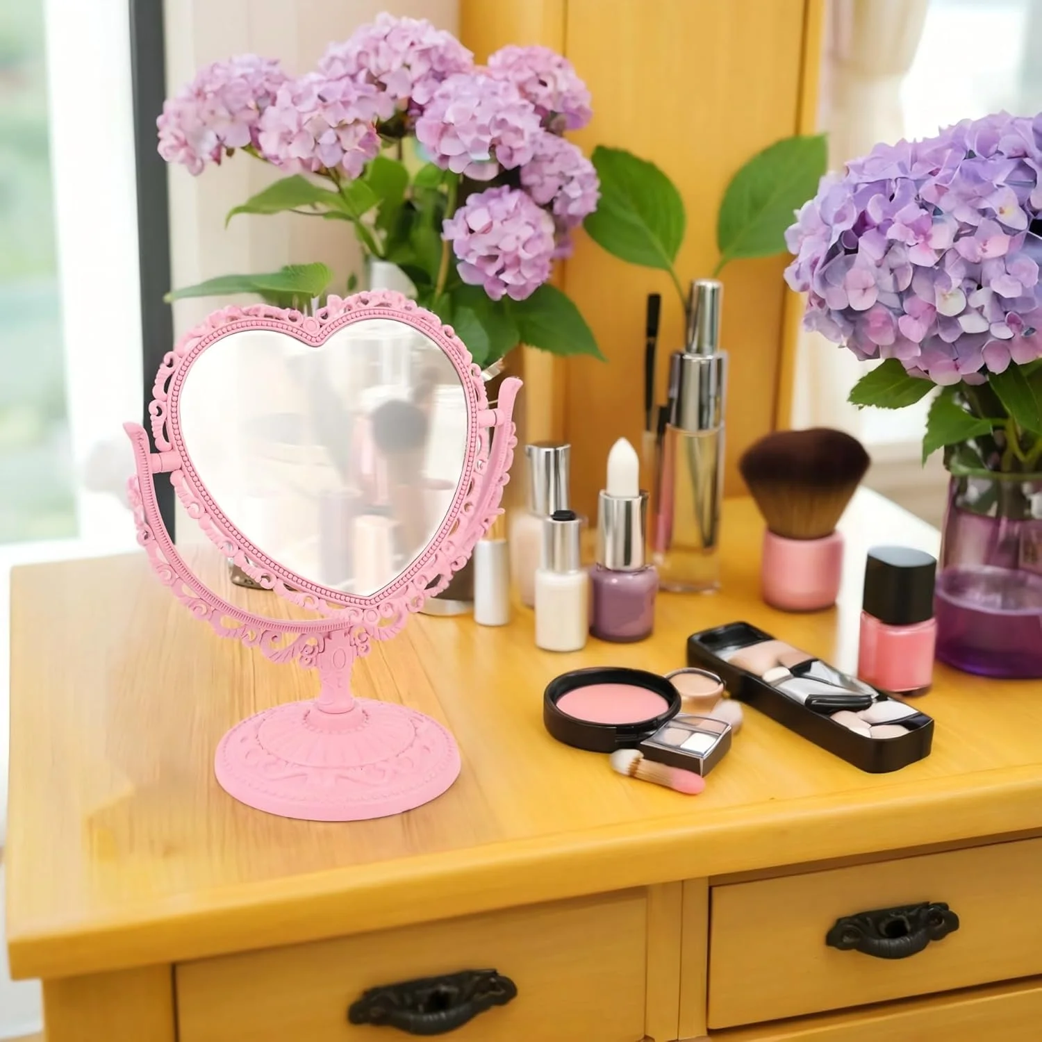 آینه آرایشی رومیزی قلبی صورتی Sweet seven - دو طرفه، دکوراسیون وینتیج برای میز و زیبایی پاستیلی