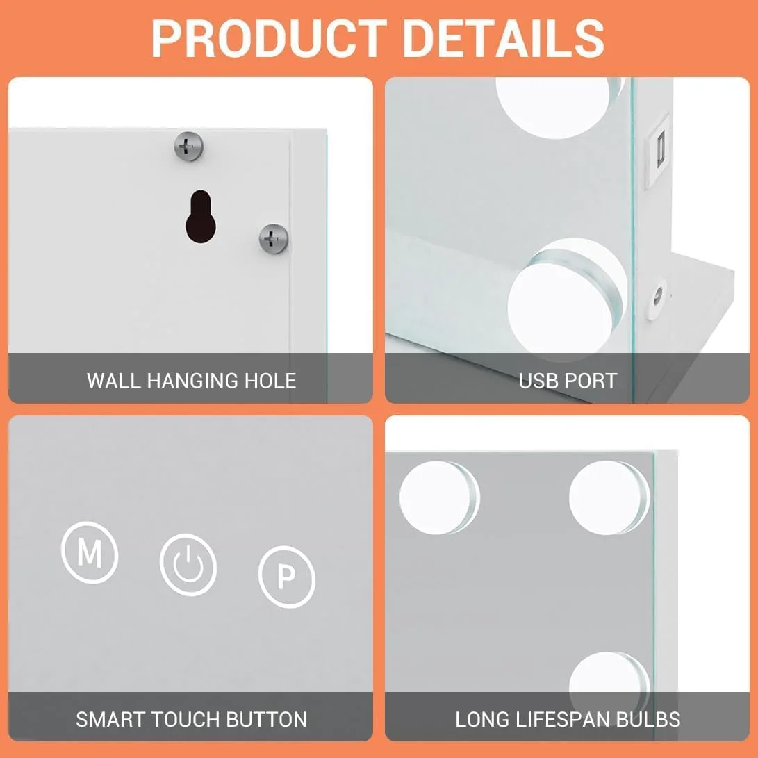 آینه آرایشی ST با نور، 20 لامپ LED با قابلیت تنظیم نور، عرض 62 سانتی متر (24 اینچ) آینه آرایش با 3 رنگ نور، پورت شارژ USB آینه بزرگنمایی 10 برابر سفید آینه آرایشی ST با نور، 20 لامپ LED با قابلیت تنظیم نور، عرض 62 سانتی متر (24 اینچ) آینه آرایش با 3 رنگ نور، پورت شارژ USB آینه بزرگنمایی 10 برابر سفید