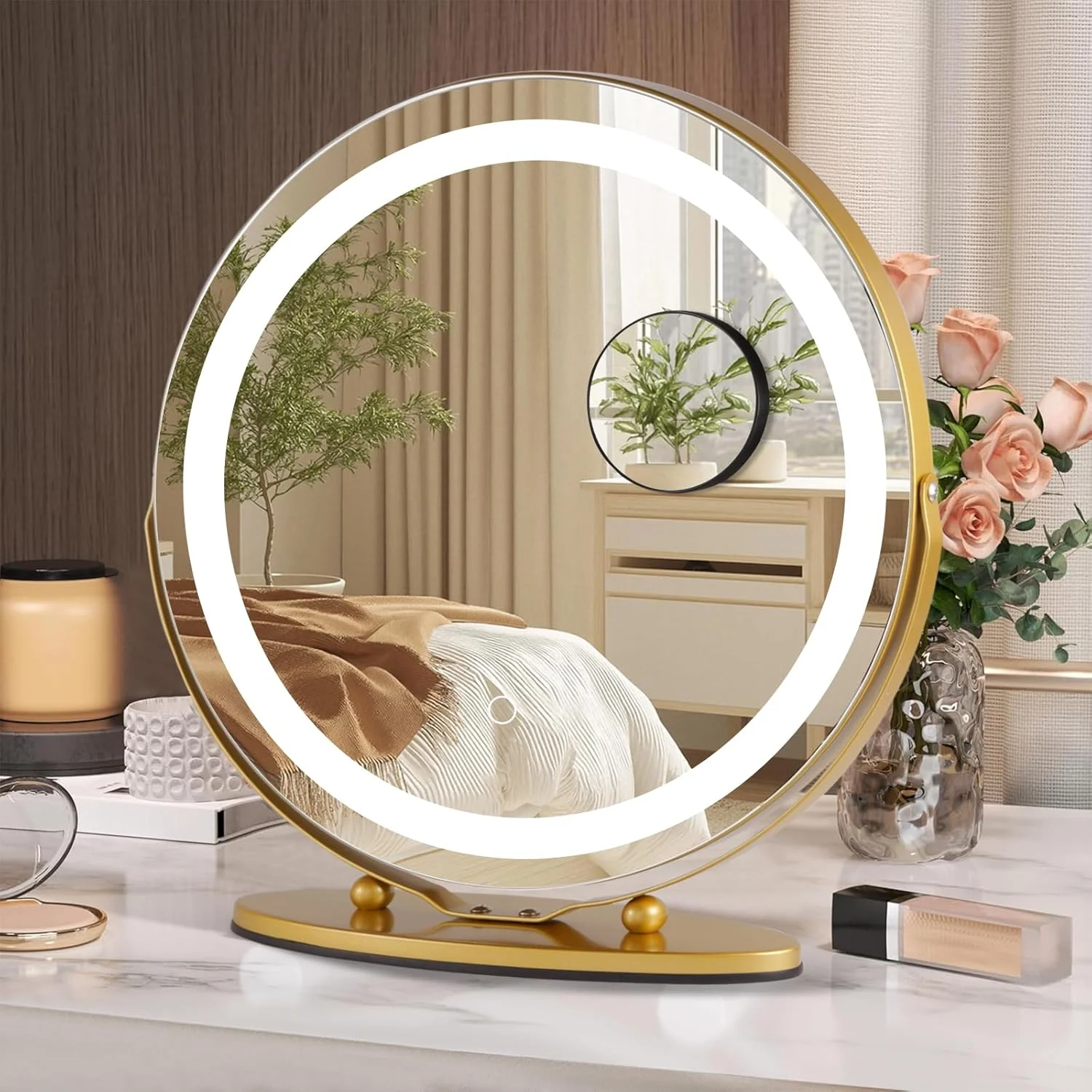 آینه آرایشی چراغ دار ROCOCEAN با نور لمسی هوشمند، نور قابل تنظیم 3 رنگ، نورپردازی چرخشی 360 درجه، آینه آرایشی گرد با بزرگنمایی 10 برابر با نور LED برای میز آرایش (طلایی) آینه آرایشی چراغ دار ROCOCEAN با نور لمسی هوشمند، نور قابل تنظیم 3 رنگ، نورپردازی چرخشی 360 درجه، آینه آرایشی گرد با بزرگنمایی 10 برابر با نور LED برای میز آرایش (طلایی)