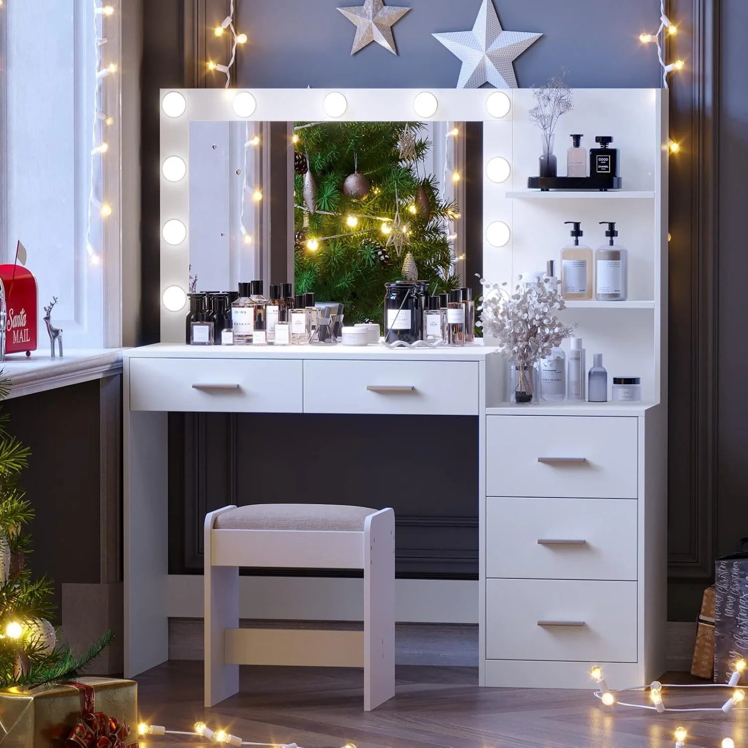 میز آرایش چراغ دار Rovaurx با عرض 46.7 اینچ به همراه آینه، میز آرایش دارای 5 کشو، 3 رنگ نورپردازی، میز توالت برای اتاق خواب، استودیو، سفید میز آرایش چراغ دار Rovaurx با عرض 46.7 اینچ به همراه آینه، میز آرایش دارای 5 کشو، 3 رنگ نورپردازی، میز توالت برای اتاق خواب، استودیو، سفید