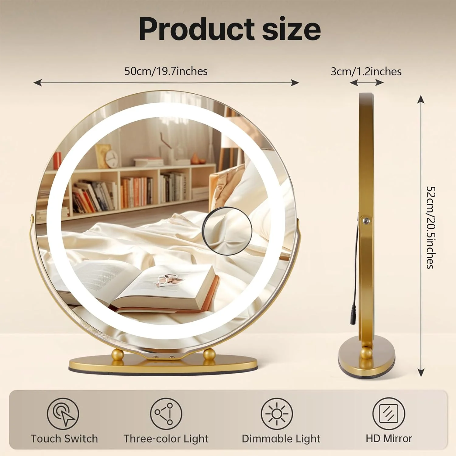 آینه آرایشی چراغ دار ROCOCEAN با نور لمسی هوشمند، نور قابل تنظیم 3 رنگ، نورپردازی چرخشی 360 درجه، آینه آرایشی گرد با بزرگنمایی 10 برابر با نور LED برای میز آرایش (طلایی) آینه آرایشی چراغ دار ROCOCEAN با نور لمسی هوشمند، نور قابل تنظیم 3 رنگ، نورپردازی چرخشی 360 درجه، آینه آرایشی گرد با بزرگنمایی 10 برابر با نور LED برای میز آرایش (طلایی)