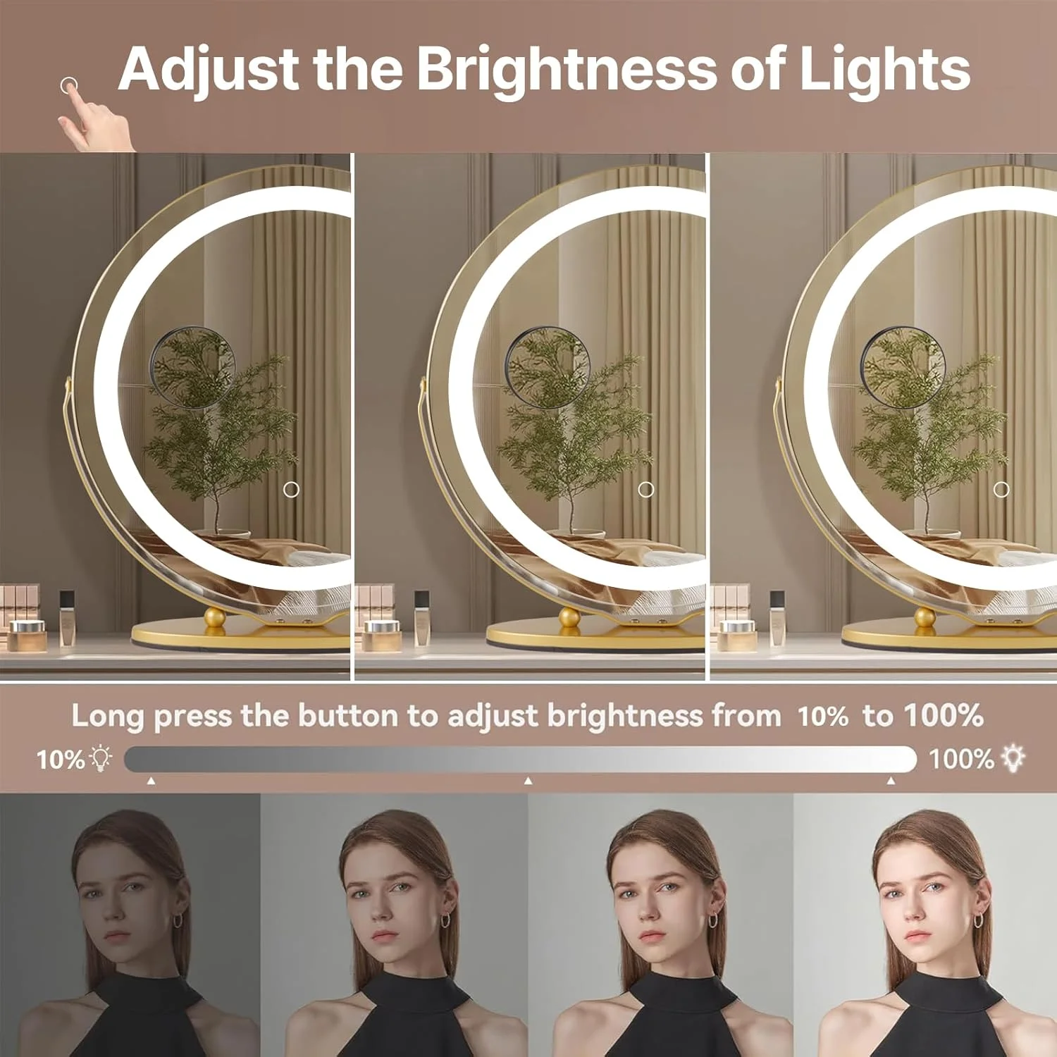 آینه آرایشی چراغ دار ROCOCEAN با نور لمسی هوشمند، نور قابل تنظیم 3 رنگ، نورپردازی چرخشی 360 درجه، آینه آرایشی گرد با بزرگنمایی 10 برابر با نور LED برای میز آرایش (طلایی) آینه آرایشی چراغ دار ROCOCEAN با نور لمسی هوشمند، نور قابل تنظیم 3 رنگ، نورپردازی چرخشی 360 درجه، آینه آرایشی گرد با بزرگنمایی 10 برابر با نور LED برای میز آرایش (طلایی)