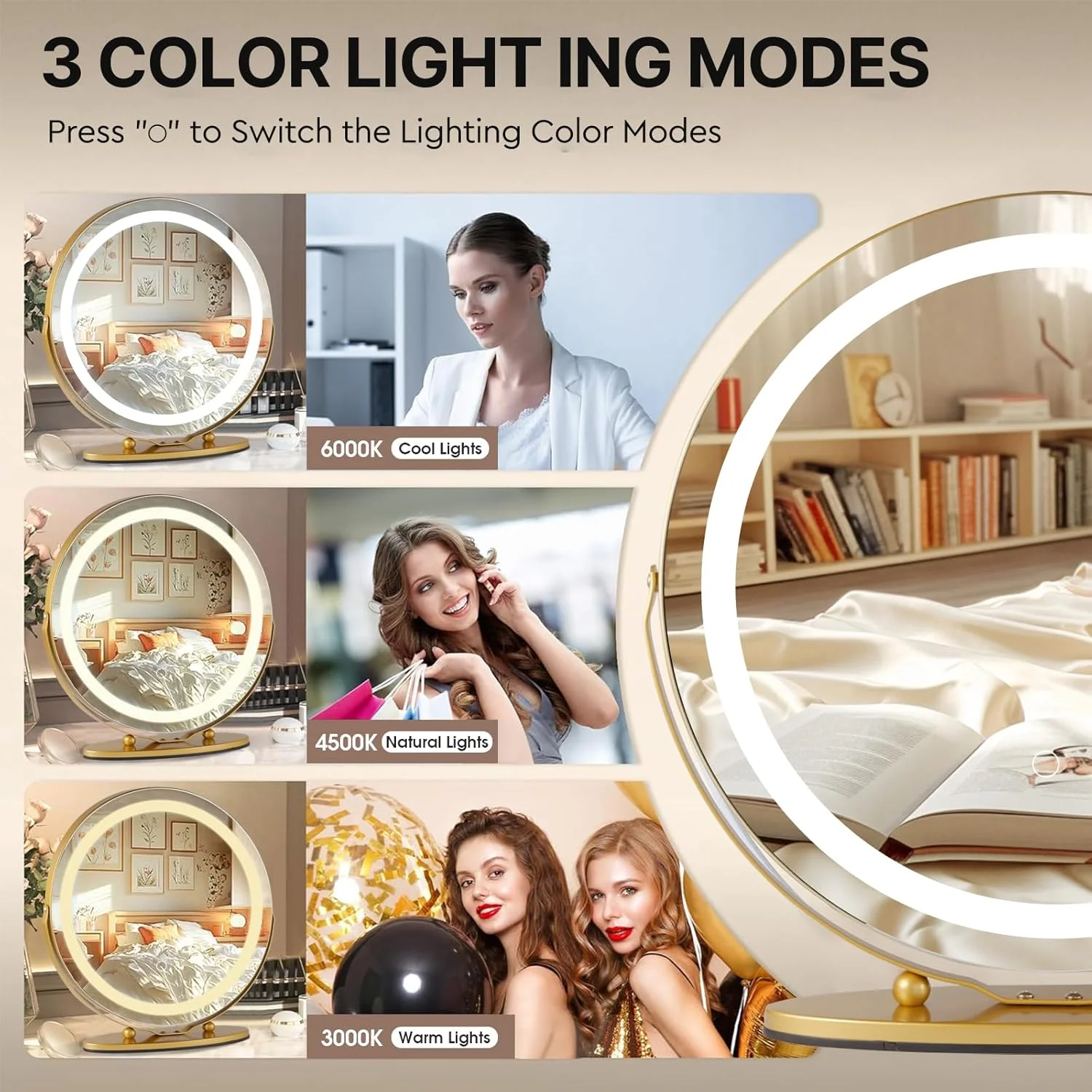 آینه آرایشی چراغ دار ROCOCEAN با نور لمسی هوشمند، نور قابل تنظیم 3 رنگ، نورپردازی چرخشی 360 درجه، آینه آرایشی گرد با بزرگنمایی 10 برابر با نور LED برای میز آرایش (طلایی) آینه آرایشی چراغ دار ROCOCEAN با نور لمسی هوشمند، نور قابل تنظیم 3 رنگ، نورپردازی چرخشی 360 درجه، آینه آرایشی گرد با بزرگنمایی 10 برابر با نور LED برای میز آرایش (طلایی)