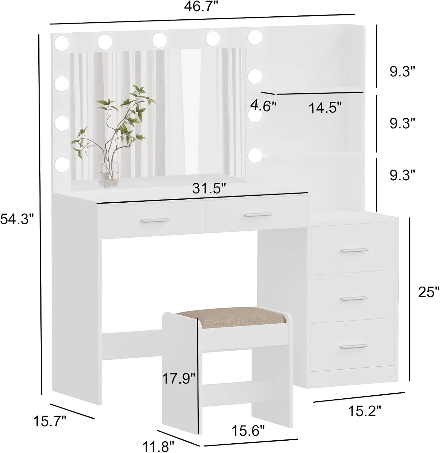 میز آرایش چراغ دار Rovaurx با عرض 46.7 اینچ به همراه آینه، میز آرایش دارای 5 کشو، 3 رنگ نورپردازی، میز توالت برای اتاق خواب، استودیو، سفید میز آرایش چراغ دار Rovaurx با عرض 46.7 اینچ به همراه آینه، میز آرایش دارای 5 کشو، 3 رنگ نورپردازی، میز توالت برای اتاق خواب، استودیو، سفید