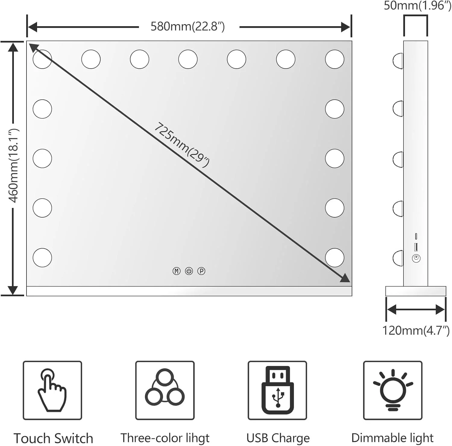 آینه آرایشی چراغ دار ST، 58cm x 46cm، آینه گریم چراغ دار، 15 لامپ LED با قابلیت تنظیم نور، 3 حالت نورپردازی رنگی، پورت شارژ USB، کنترل لمسی، قاب فلزی سفید محکم آینه آرایشی چراغ دار ST، 58cm x 46cm، آینه گریم چراغ دار، 15 لامپ LED با قابلیت تنظیم نور، 3 حالت نورپردازی رنگی، پورت شارژ USB، کنترل لمسی، قاب فلزی سفید محکم