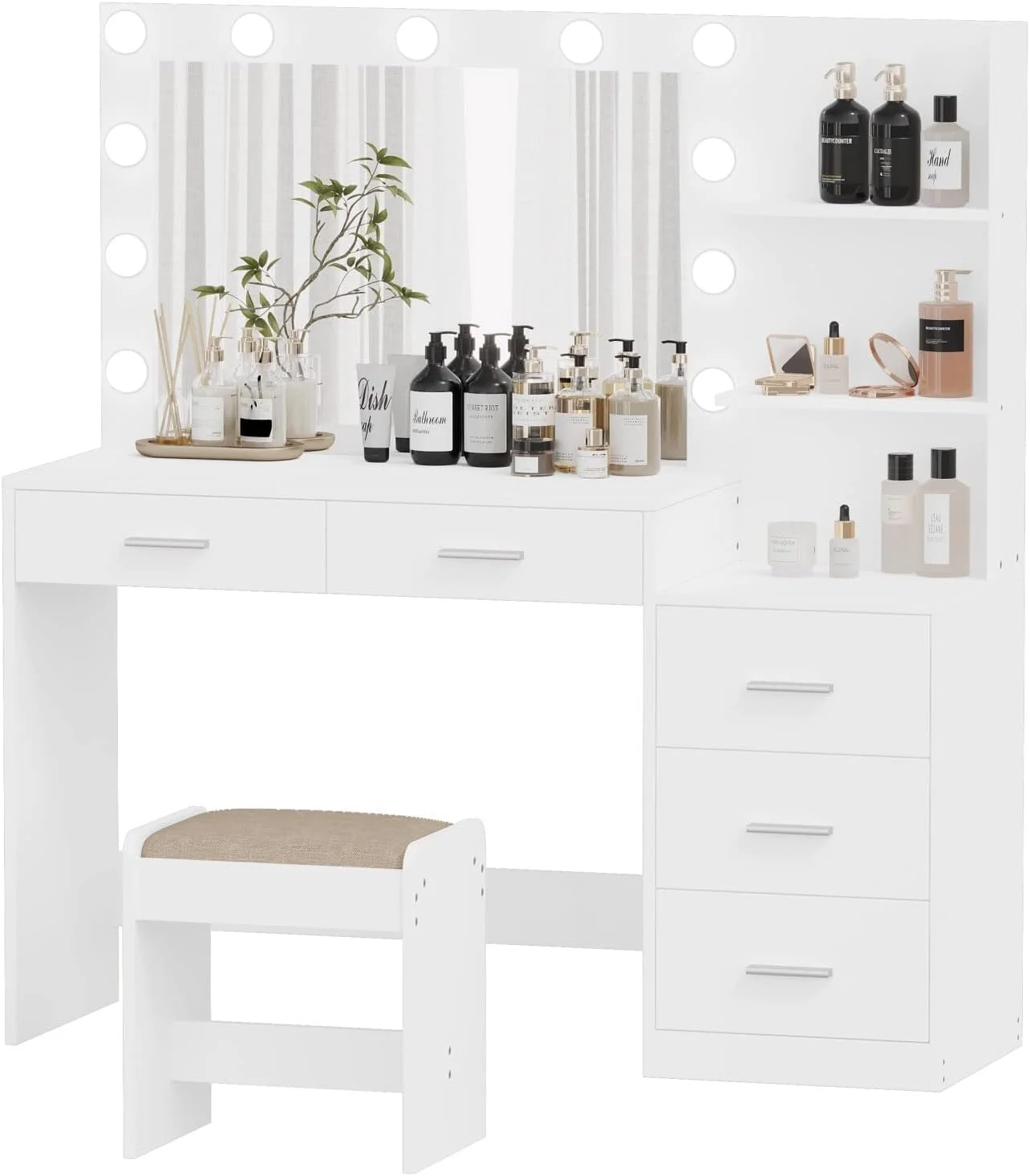میز آرایش چراغ دار Rovaurx با عرض 46.7 اینچ به همراه آینه، میز آرایش دارای 5 کشو، 3 رنگ نورپردازی، میز توالت برای اتاق خواب، استودیو، سفید میز آرایش چراغ دار Rovaurx با عرض 46.7 اینچ به همراه آینه، میز آرایش دارای 5 کشو، 3 رنگ نورپردازی، میز توالت برای اتاق خواب، استودیو، سفید
