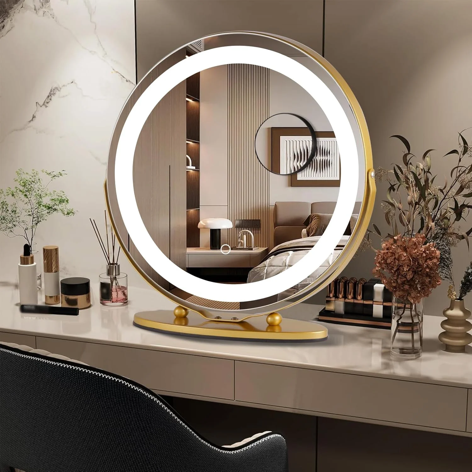 آینه آرایشی چراغ دار ROCOCEAN با نور لمسی هوشمند، نور قابل تنظیم 3 رنگ، نورپردازی چرخشی 360 درجه، آینه آرایشی گرد با بزرگنمایی 10 برابر با نور LED برای میز آرایش (طلایی) آینه آرایشی چراغ دار ROCOCEAN با نور لمسی هوشمند، نور قابل تنظیم 3 رنگ، نورپردازی چرخشی 360 درجه، آینه آرایشی گرد با بزرگنمایی 10 برابر با نور LED برای میز آرایش (طلایی)