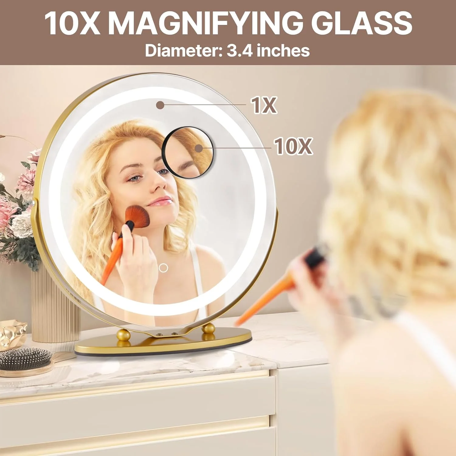 آینه آرایشی چراغ دار ROCOCEAN با نور لمسی هوشمند، نور قابل تنظیم 3 رنگ، نورپردازی چرخشی 360 درجه، آینه آرایشی گرد با بزرگنمایی 10 برابر با نور LED برای میز آرایش (طلایی) آینه آرایشی چراغ دار ROCOCEAN با نور لمسی هوشمند، نور قابل تنظیم 3 رنگ، نورپردازی چرخشی 360 درجه، آینه آرایشی گرد با بزرگنمایی 10 برابر با نور LED برای میز آرایش (طلایی)