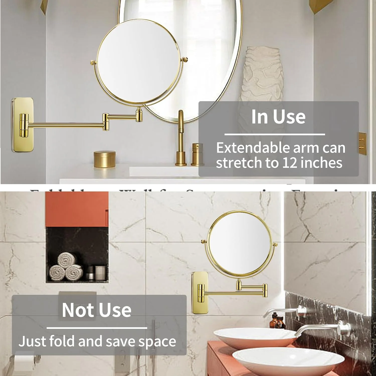 آینه آرایشی Nicesail، آینه بزرگنمایی 7X دیواری، آینه روشویی برای حمام، چرخان و قابل گسترش، جنس برنج و استیل 304 برای هتل یا خانه، روکش طلایی (8 اینچ، 7X) آینه آرایشی Nicesail، آینه بزرگنمایی 7X دیواری، آینه روشویی برای حمام، چرخان و قابل گسترش، جنس برنج و استیل 304 برای هتل یا خانه، روکش طلایی (8 اینچ، 7X)