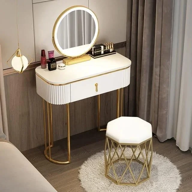 Modern Makeup Vanity Table with Mirror and Chair, Dressing Table with 2 Drawers and Gold Metal Frame, Bedroom Vanity Desk for Women and Girls – Stylish Design (3, Oval) Sky Over Gray Color Modern Makeup Vanity Table with Mirror and Chair, Dressing Table with 2 Drawers and Gold Metal Frame, Bedroom Vanity Desk for Women and Girls – Stylish Design (3, Oval) Sky Over Gray Color