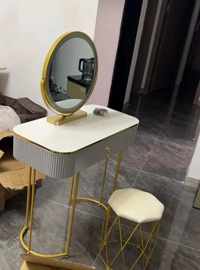 Modern Makeup Vanity Table with Mirror and Chair, Dressing Table with 2 Drawers and Gold Metal Frame, Bedroom Vanity Desk for Women and Girls – Stylish Design (3, Oval) Sky Over Gray Color Modern Makeup Vanity Table with Mirror and Chair, Dressing Table with 2 Drawers and Gold Metal Frame, Bedroom Vanity Desk for Women and Girls – Stylish Design (3, Oval) Sky Over Gray Color