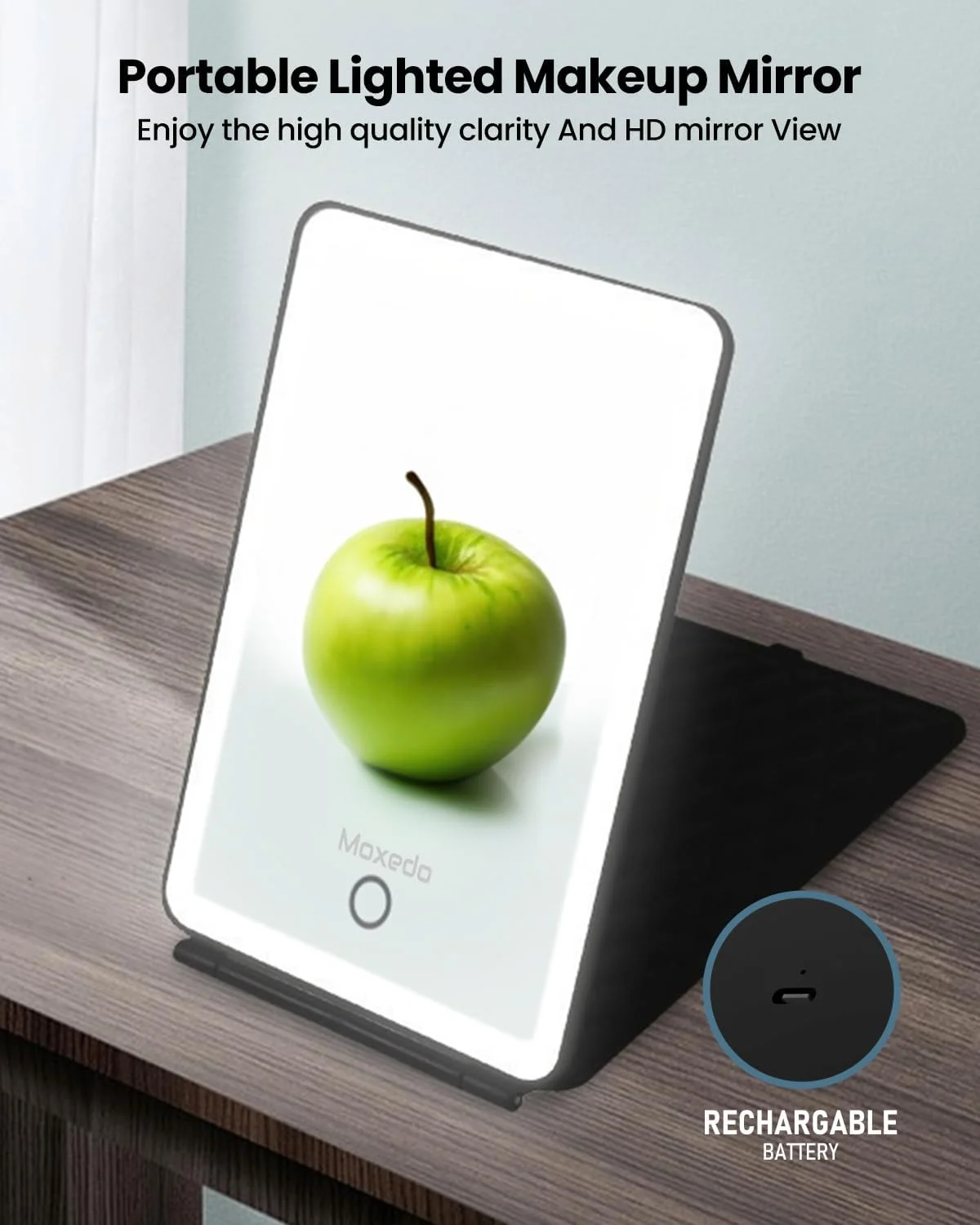 آینه آرایشی قابل حمل Moxedo، جمع و جور، فوق العاده باریک، رومیزی، تاشو، دارای صفحه لمسی با 3 حالت نور و تنظیم نور پیوسته آینه آرایشی قابل حمل Moxedo، جمع و جور، فوق العاده باریک، رومیزی، تاشو، دارای صفحه لمسی با 3 حالت نور و تنظیم نور پیوسته