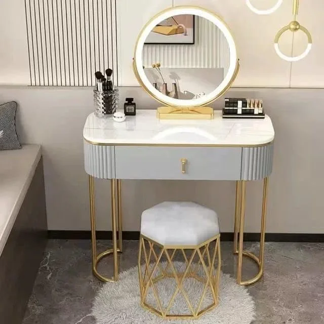 Modern Makeup Vanity Table with Mirror and Chair, Dressing Table with 2 Drawers and Gold Metal Frame, Bedroom Vanity Desk for Women and Girls – Stylish Design (3, Oval) Sky Over Gray Color Modern Makeup Vanity Table with Mirror and Chair, Dressing Table with 2 Drawers and Gold Metal Frame, Bedroom Vanity Desk for Women and Girls – Stylish Design (3, Oval) Sky Over Gray Color