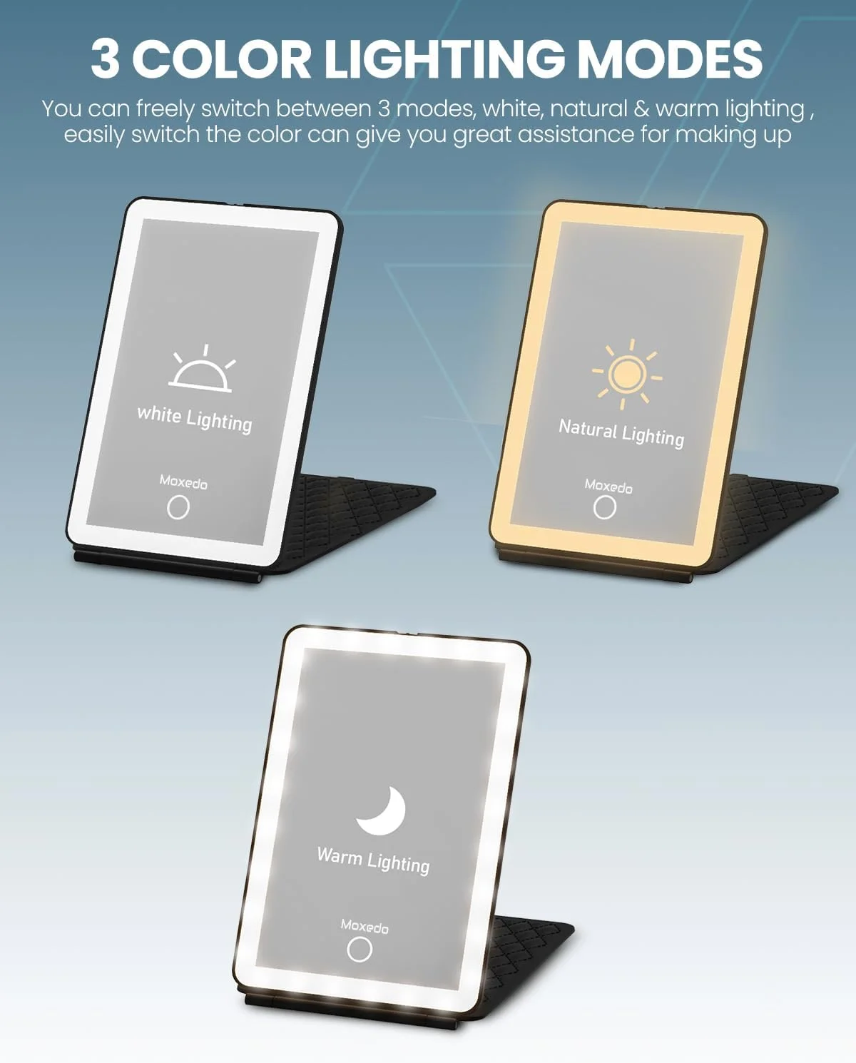 آینه آرایشی قابل حمل Moxedo، جمع و جور، فوق العاده باریک، رومیزی، تاشو، دارای صفحه لمسی با 3 حالت نور و تنظیم نور پیوسته آینه آرایشی قابل حمل Moxedo، جمع و جور، فوق العاده باریک، رومیزی، تاشو، دارای صفحه لمسی با 3 حالت نور و تنظیم نور پیوسته