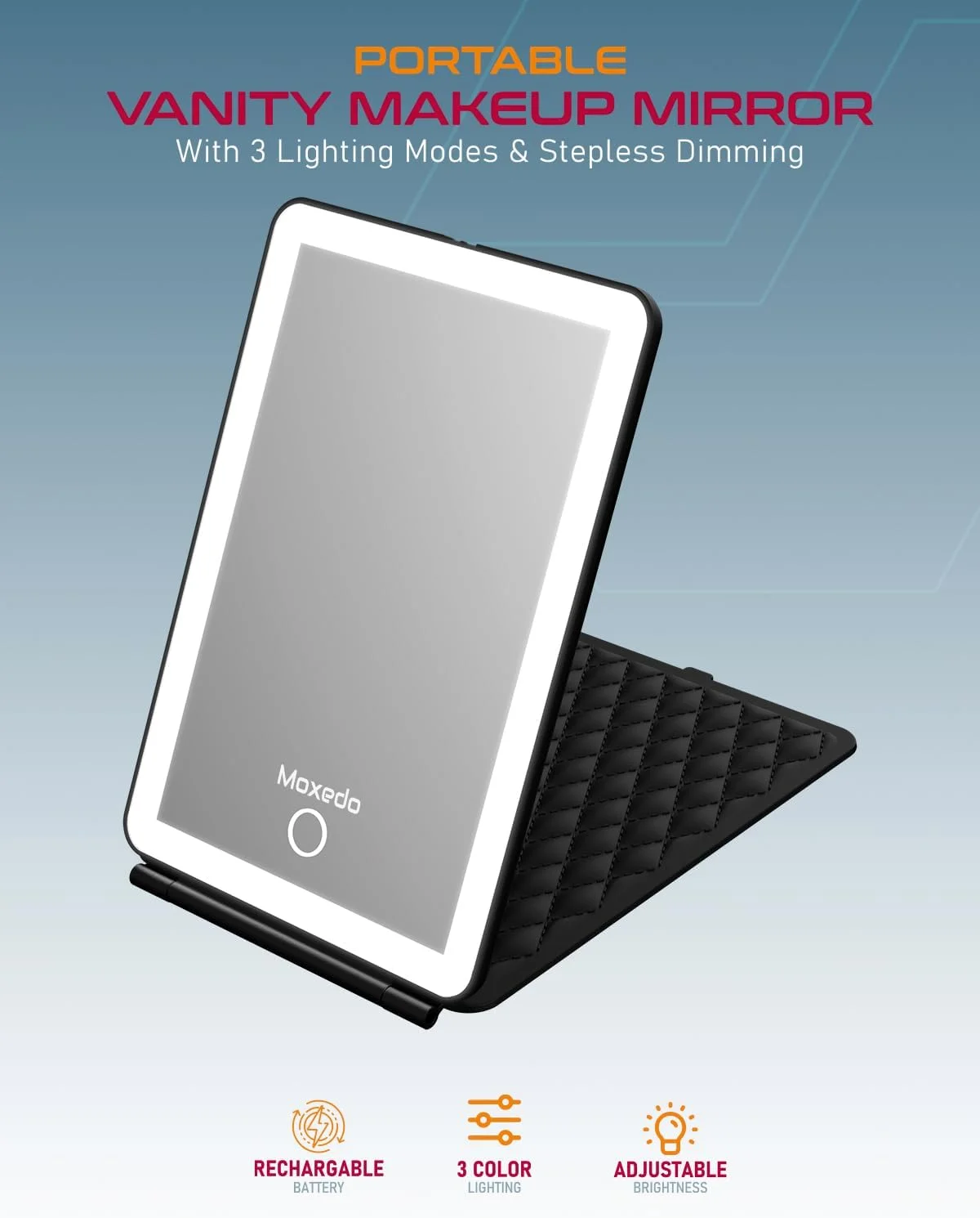 آینه آرایشی قابل حمل Moxedo، جمع و جور، فوق العاده باریک، رومیزی، تاشو، دارای صفحه لمسی با 3 حالت نور و تنظیم نور پیوسته آینه آرایشی قابل حمل Moxedo، جمع و جور، فوق العاده باریک، رومیزی، تاشو، دارای صفحه لمسی با 3 حالت نور و تنظیم نور پیوسته