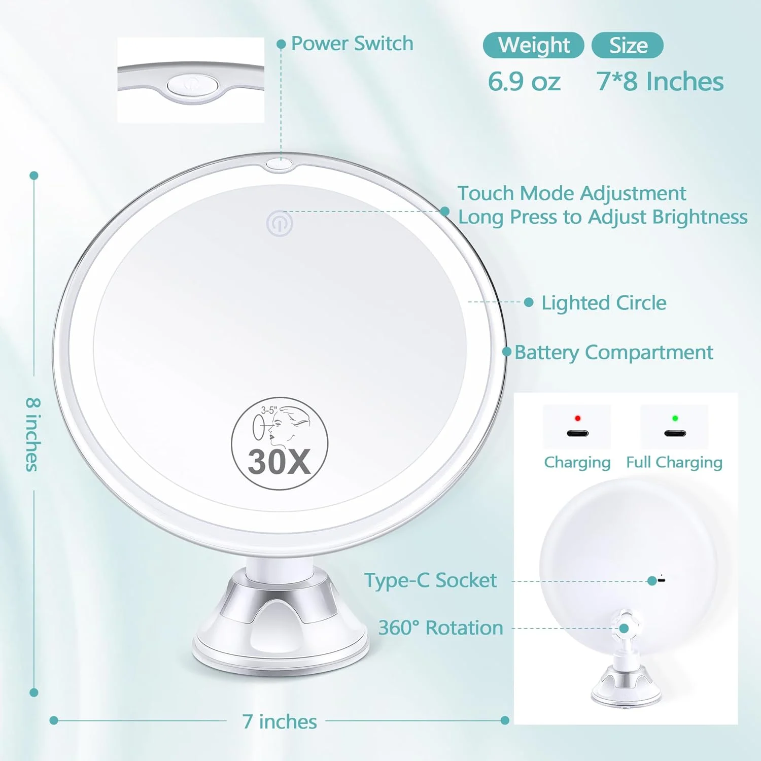 آینه آرایشی روشن کننده MIYADIVA با بزرگنمایی 30 برابر، آینه بزرگنمایی 30X با مکنده و نور، 3 حالت رنگی و روشنایی قابل تنظیم، آینه مکنده برای آینه روشویی 1500 میلی آمپر ساعت