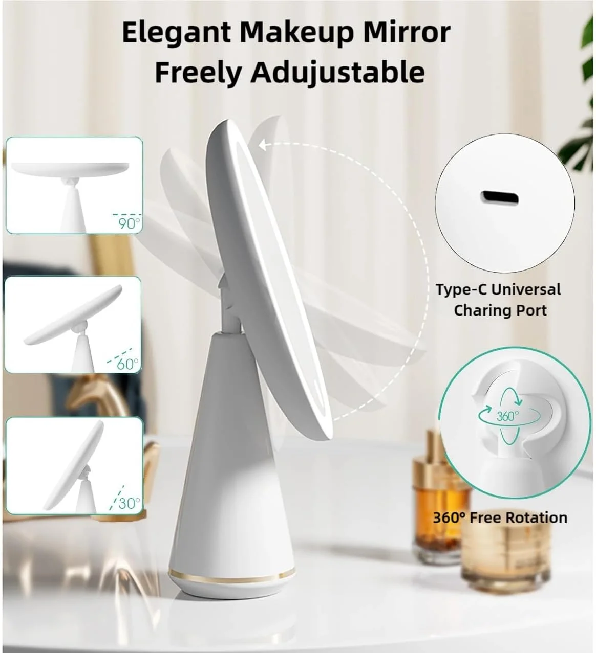 آینه با چراغ، آینه آرایشی با صفحه لمسی چرخش 360 درجه، قابل شارژ 1000 میلی آمپر ساعتی، با آینه LED با روشنایی قابل تنظیم 3 سطح، هدیه زنانه (سفید) آینه با چراغ، آینه آرایشی با صفحه لمسی چرخش 360 درجه، قابل شارژ 1000 میلی آمپر ساعتی، با آینه LED با روشنایی قابل تنظیم 3 سطح، هدیه زنانه (سفید)