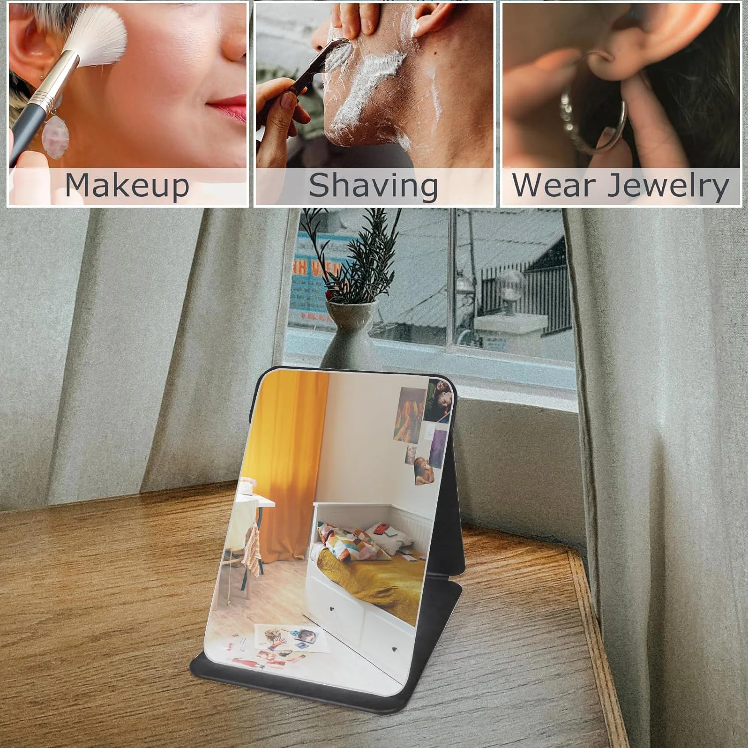 آینه آرایشی، آینه چرمی PU قابل حمل 10x15 سانتی متر، آینه رومیزی تاشو با پایه قابل تنظیم برای میز آرایش، دفتر، مسافرت (مشکی) آینه آرایشی، آینه چرمی PU قابل حمل 10x15 سانتی متر، آینه رومیزی تاشو با پایه قابل تنظیم برای میز آرایش، دفتر، مسافرت (مشکی)