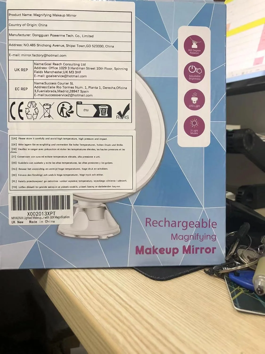 آینه آرایشی روشن کننده MIYADIVA با بزرگنمایی 30 برابر، آینه بزرگنمایی 30X با مکنده و نور، 3 حالت رنگی و روشنایی قابل تنظیم، آینه مکنده برای آینه روشویی 1500 میلی آمپر ساعت