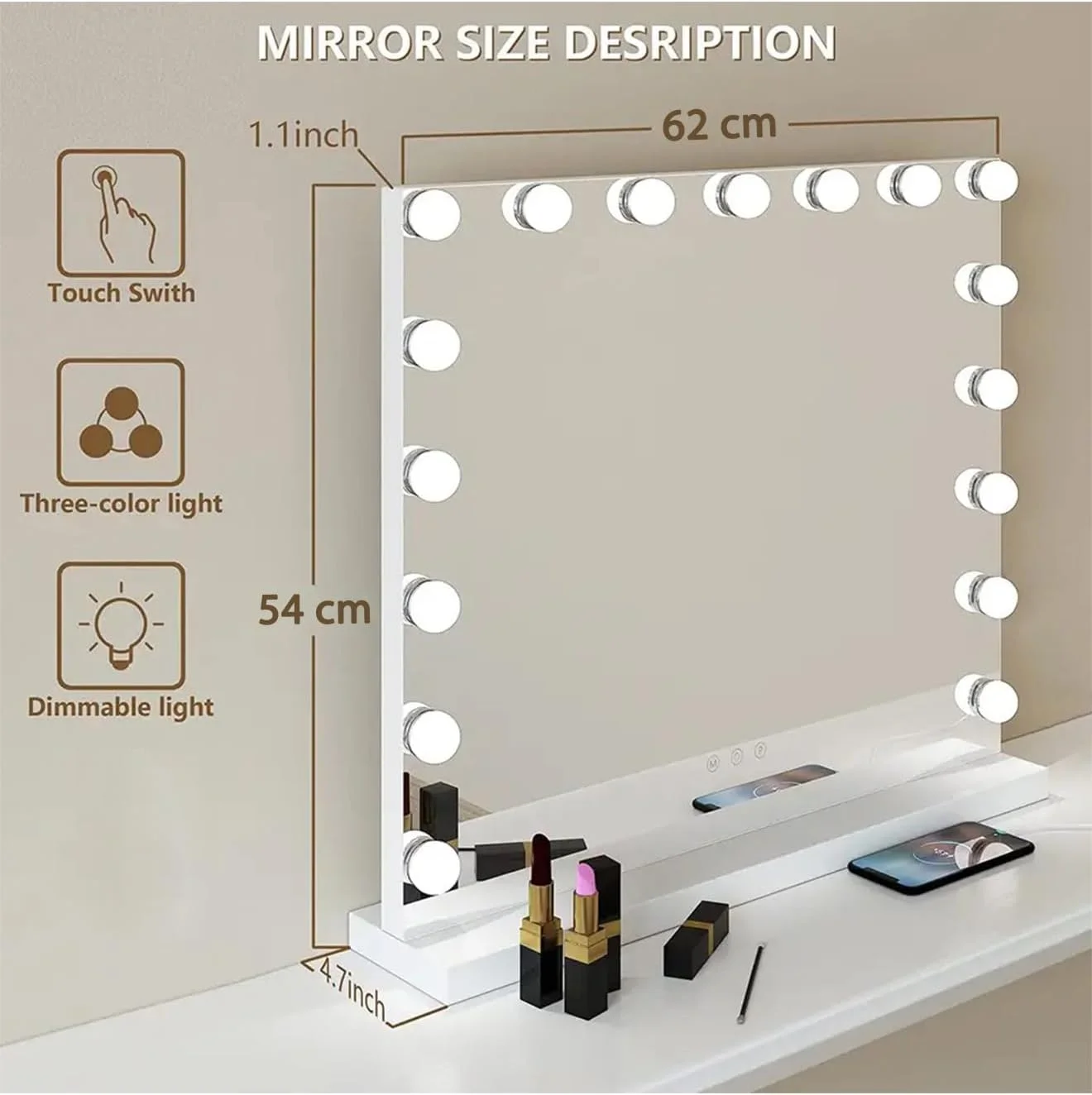 آینه آرایشی هالیوودی LIMOS با چراغ های LED، کنترل لمسی، آینه بزرگ آرایش با 15 لامپ، سفید (17LED سفید 62cmx54cm) آینه آرایشی هالیوودی LIMOS با چراغ های LED، کنترل لمسی، آینه بزرگ آرایش با 15 لامپ، سفید (17LED سفید 62cmx54cm)