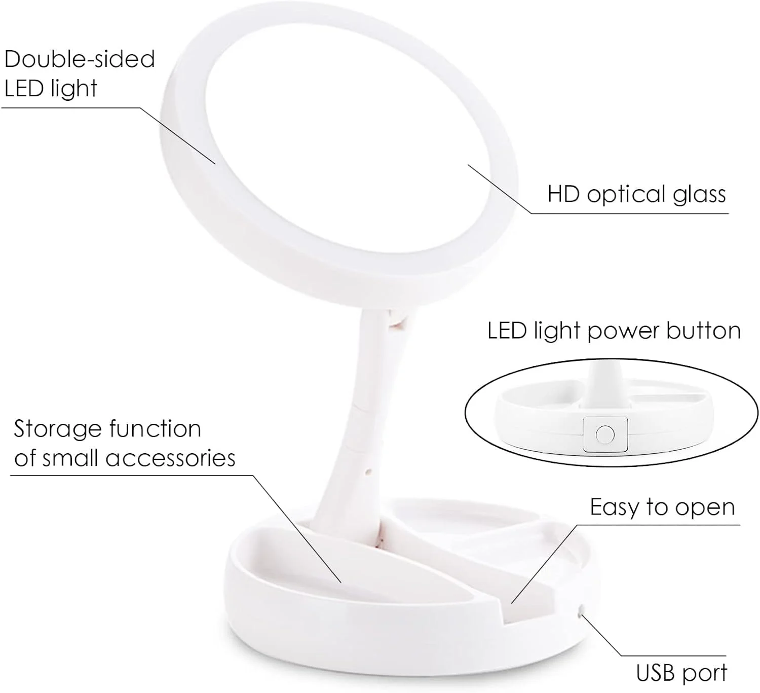 آینه آرایشی چراغ دار، آینه دو طرفه LED با بزرگنمایی 1x/10x، قطر 6.3 اینچ، مناسب برای مسافرت، آینه تاشو خانگی (سفید) آینه آرایشی چراغ دار، آینه دو طرفه LED با بزرگنمایی 1x/10x، قطر 6.3 اینچ، مناسب برای مسافرت، آینه تاشو خانگی (سفید)